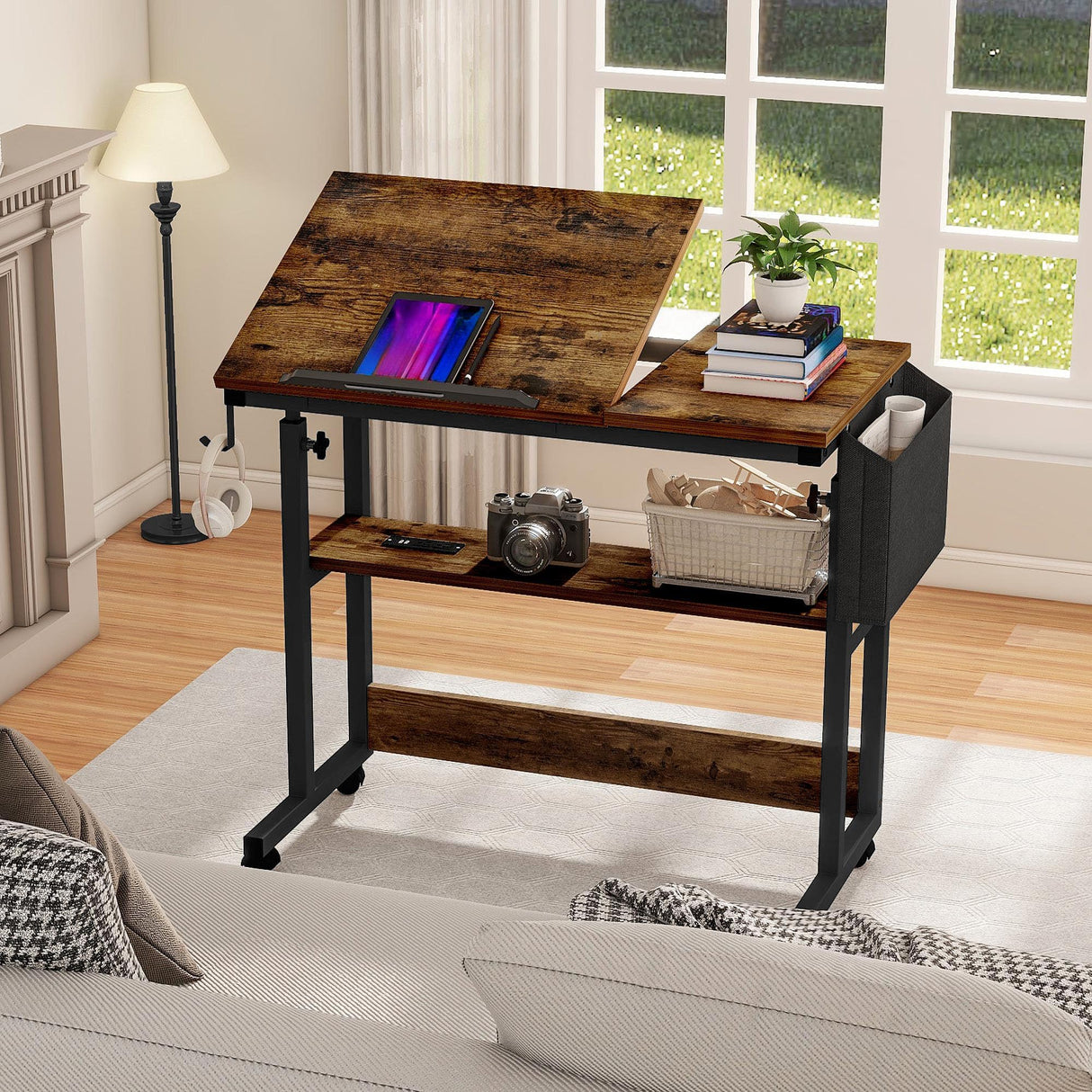DWVO Height Adjustable Drawing Desk with Charging Station & Wheels, Rolling Craft Table with Tilting Top and Storage Bag, Small Standing & Sitting Laptop Computer Desk (Brown) DWVO