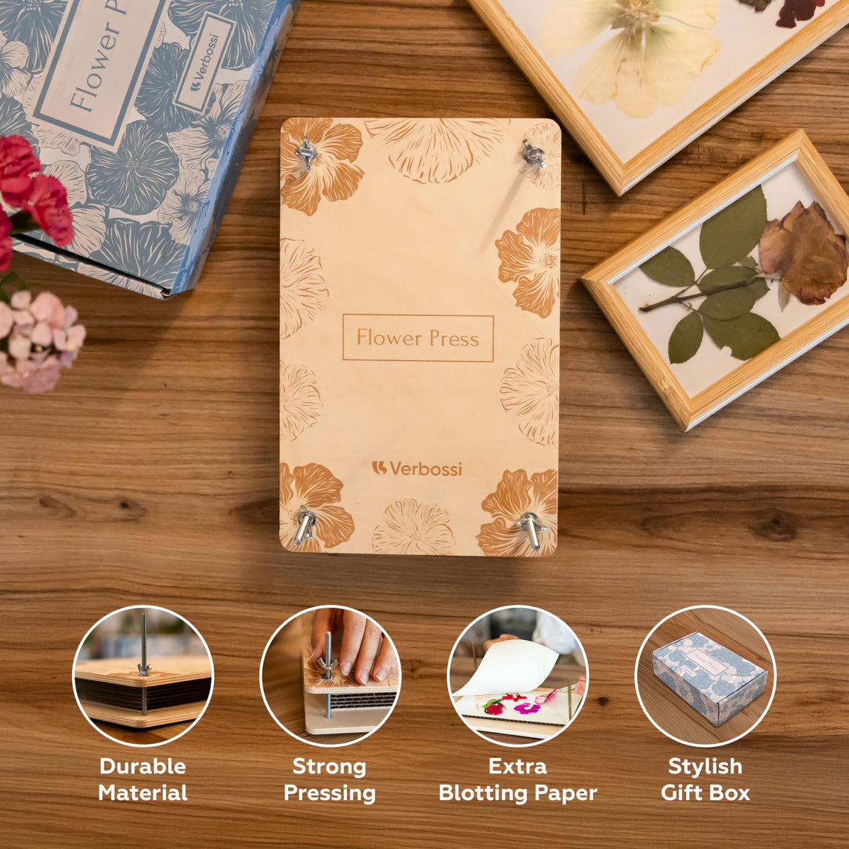 Verbossi Flower Press - Large Flower Press Kit 10.8" x 6.9" - Flower Pressing Kit for Adults & Kids - Pressed Flowers - Plant Press - DIY Flower Pressing - Gifts for Craft Lovers (Wooden) Verbossi
