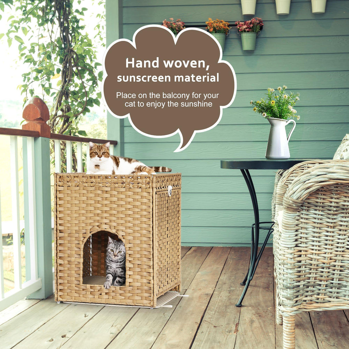 Cat Litter Box Enclosure with Soft Litter Mat; Hidden Cat Washroom Furniture with Door; Handwoven Rattan Cat House; Pet Crate for Living Room, Bedroom, Balcony (Natural) Honiakaka