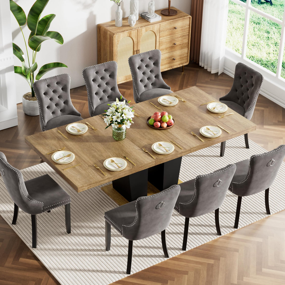 Pvillez Rustic 9 Piece Dining Table Set, 62.99"-78.74" Extendable Dini ...