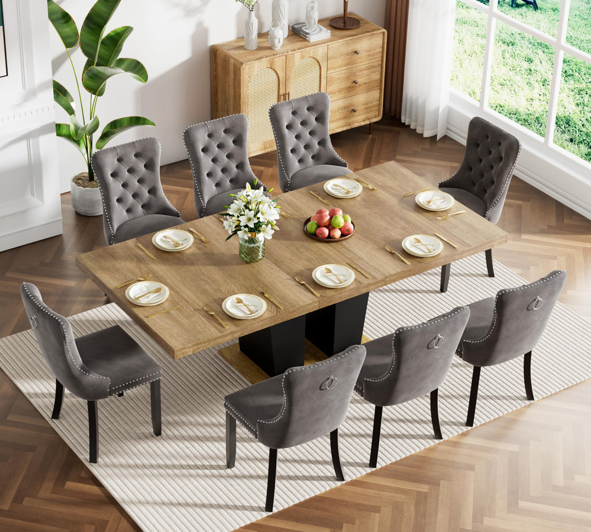 9 Piece Extendable Dining Table Set, Farmhouse Extendable Dining Table Set for 8, 78.74" Rustic Wooden Expandable Kitchen Table and Grey Velvet Chairs Set of 8, Expanding Dining Room Table Set for 8 TehRecBT