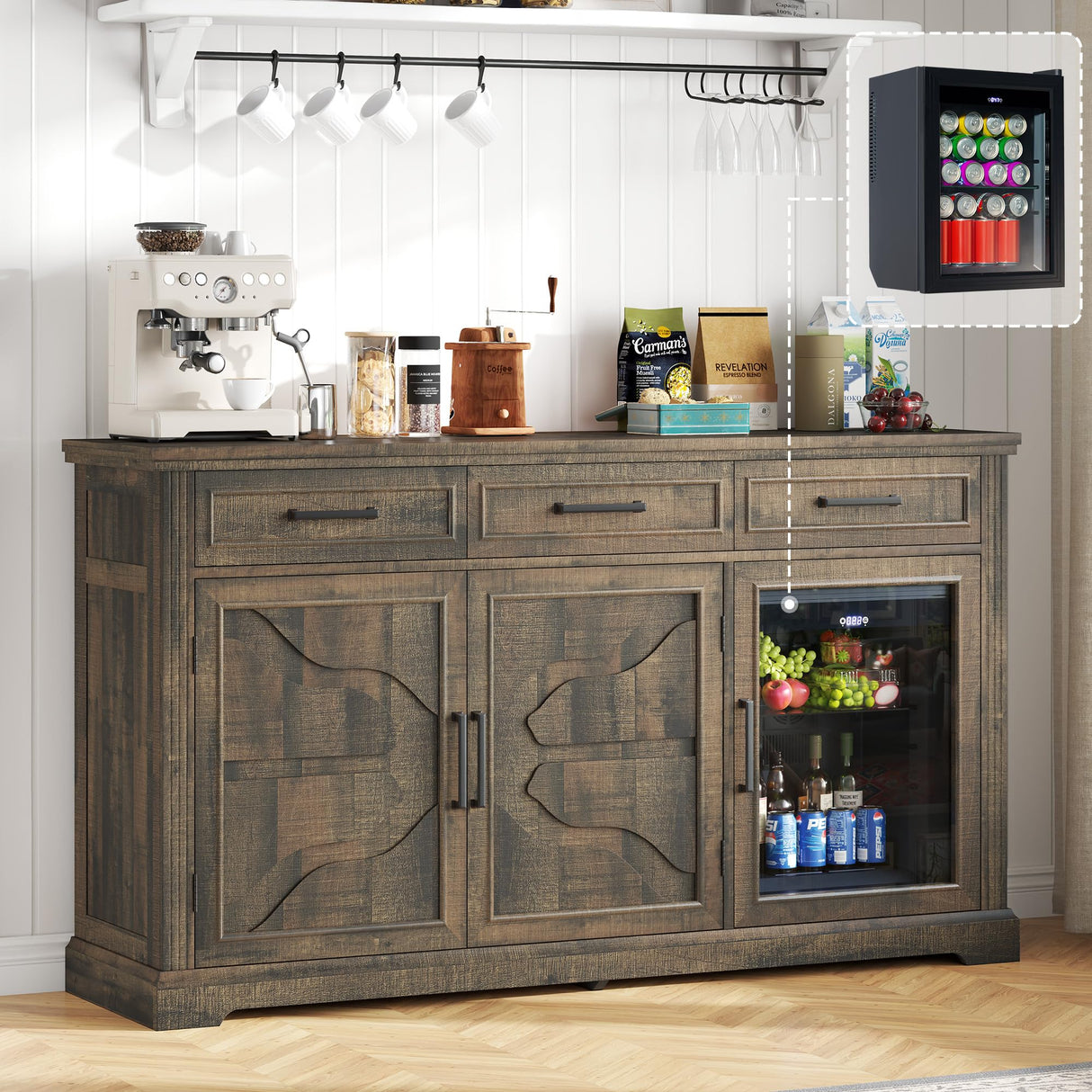 LUXOAK 60" Farmhouse Coffee Bar Cabinet with Beverage Fridge (Included), Wine Bar Cabinet with Drawer Storage, Mini Fridge Cabinet, Sideboard Cabinet for Dining Room, Living Room-Brown LUXOAK