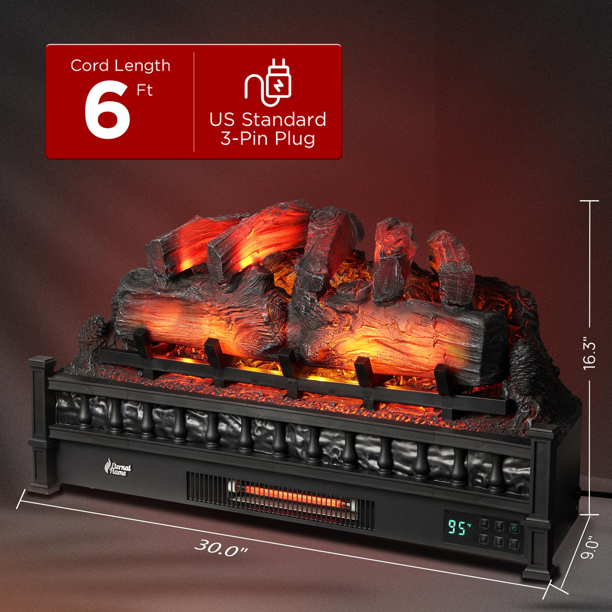 TURBRO Eternal Flame 30 in. WiFi Infrared Quartz Electric Fireplace Log Heater with Sound Crackling, Realistic Pinewood Logs, Adjustable Flame Colors, Remote Control, Thermostat, Timer, EF30-PB, 1500W TURBRO