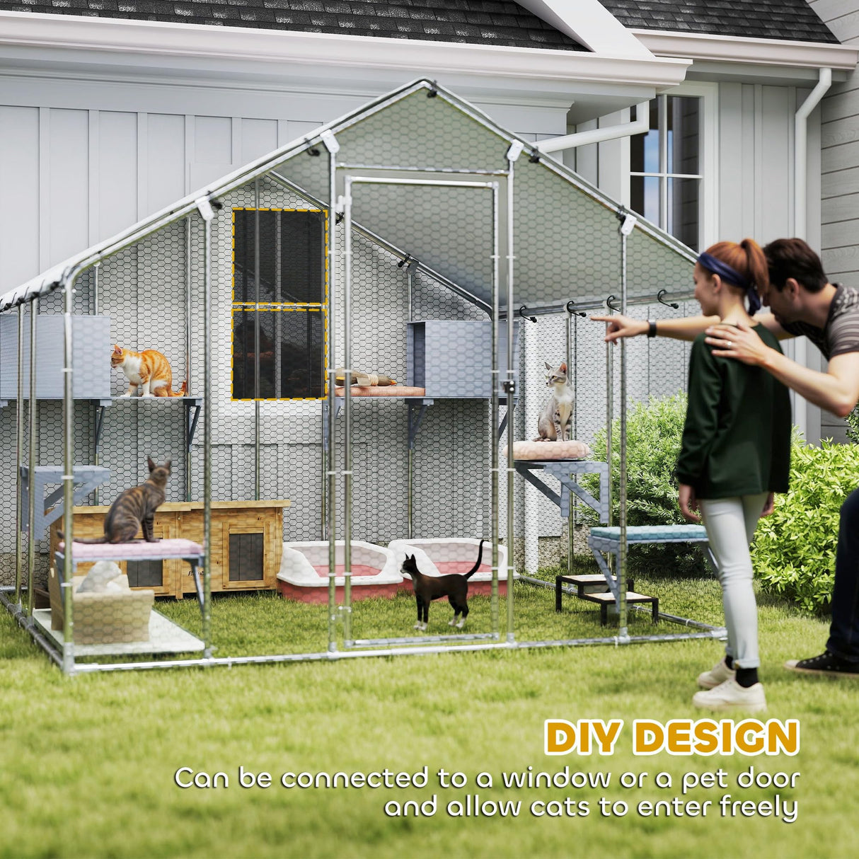 PawHut Catio Outdoor Cat Enclosure, 94.5" Extra Large Walk-in Cat House with Waterproof Cover, 2 Resting Boxes, 7 Jumping Platforms, Chicken Run Coop, Rabbit Hutch, Feral Cat Shelter for Multiple Cats PawHut