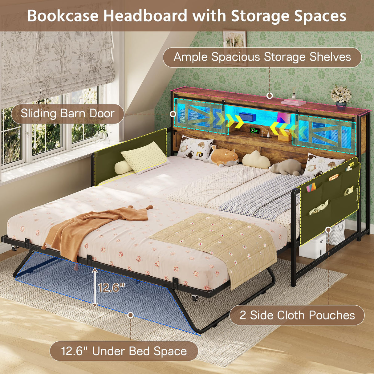 Dnxao Daybed with Pop Up Trundle,Farmhouse Twin to King Daybed with 2-Tier Storage,LED Lights and Charging Station,2 Storage Pockets,Twin Bed Frame for Living Room,Bedroom,Rustic Brown Dnxao