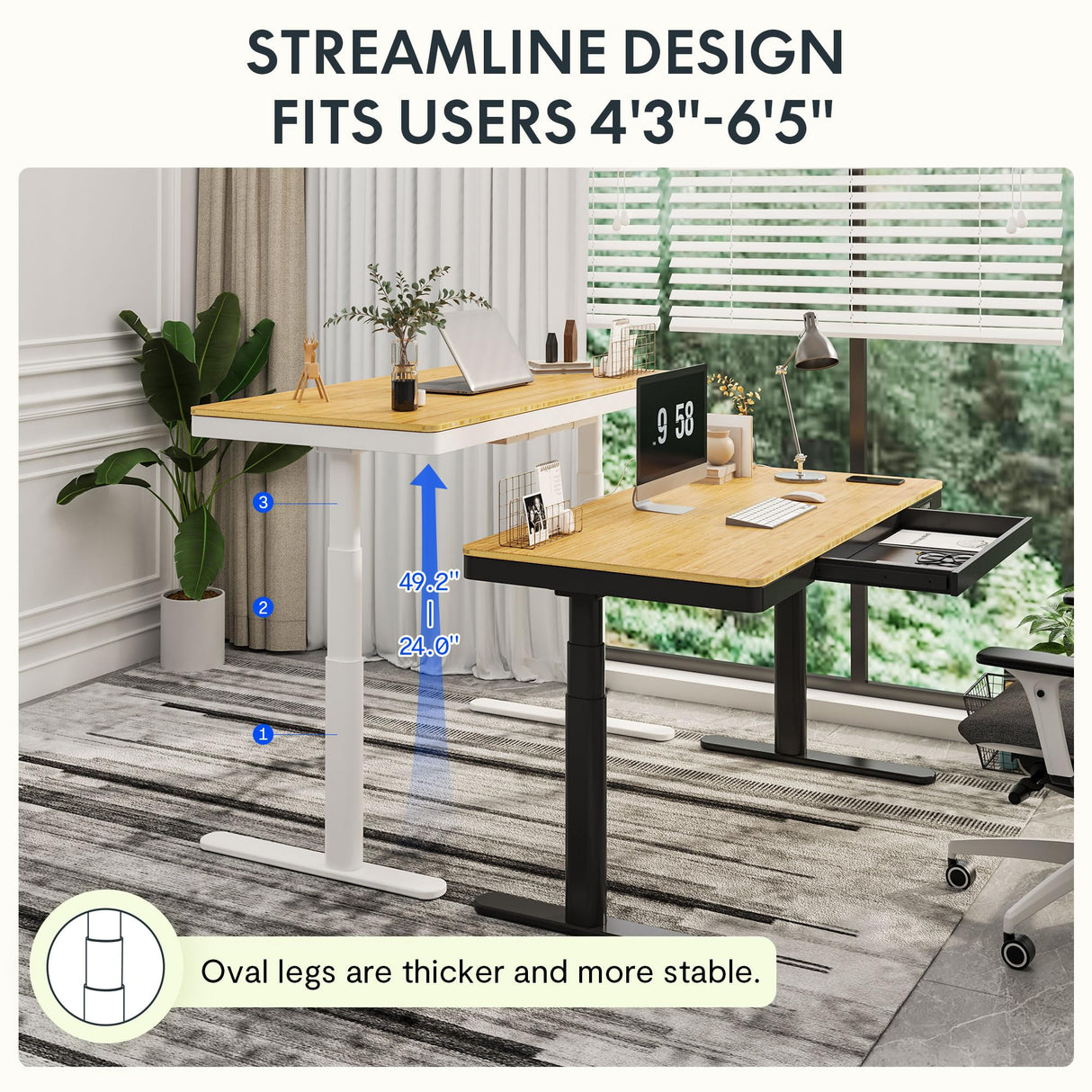 SANODESK Standing Desk with Drawer,Dual Motor 3 Stage Electric Height Adjustable Home Office Desk with Storage & Wireless Charging, 55 inch Bamboo Tabletop/Black Frame SANODESK