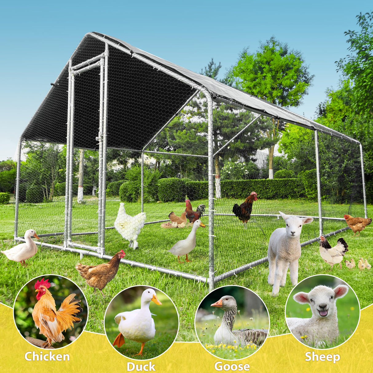 Large Metal Chicken Coops 12.8Lx9.84Wx6.6H FT for 8/10/16 Chickens with Run, Walk in Chicken Run Chicken Pen with Cover and Feeding Door, Spire Poultry Cage Hen House Runs for Yard with Cover 797Audio