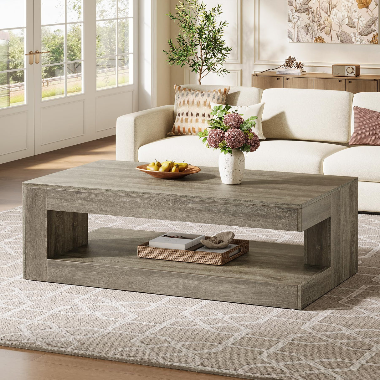 Tribesigns Coffee Table for Living Room, 47.24 Inch Farmhouse 2-Tier Accent Center Tea Cocktail Table with Storage, Elegant Grey, Rectangular Tribesigns