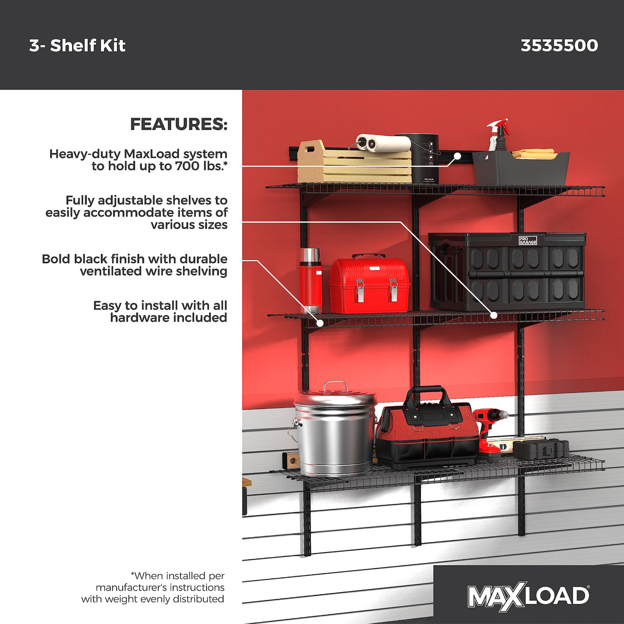 ClosetMaid MaxLoad Heavy Duty Wall Shelf Kit for Garage, 3 Shelves, Adjustable ShelfTrack Wire Shelving, Black Finish ClosetMaid