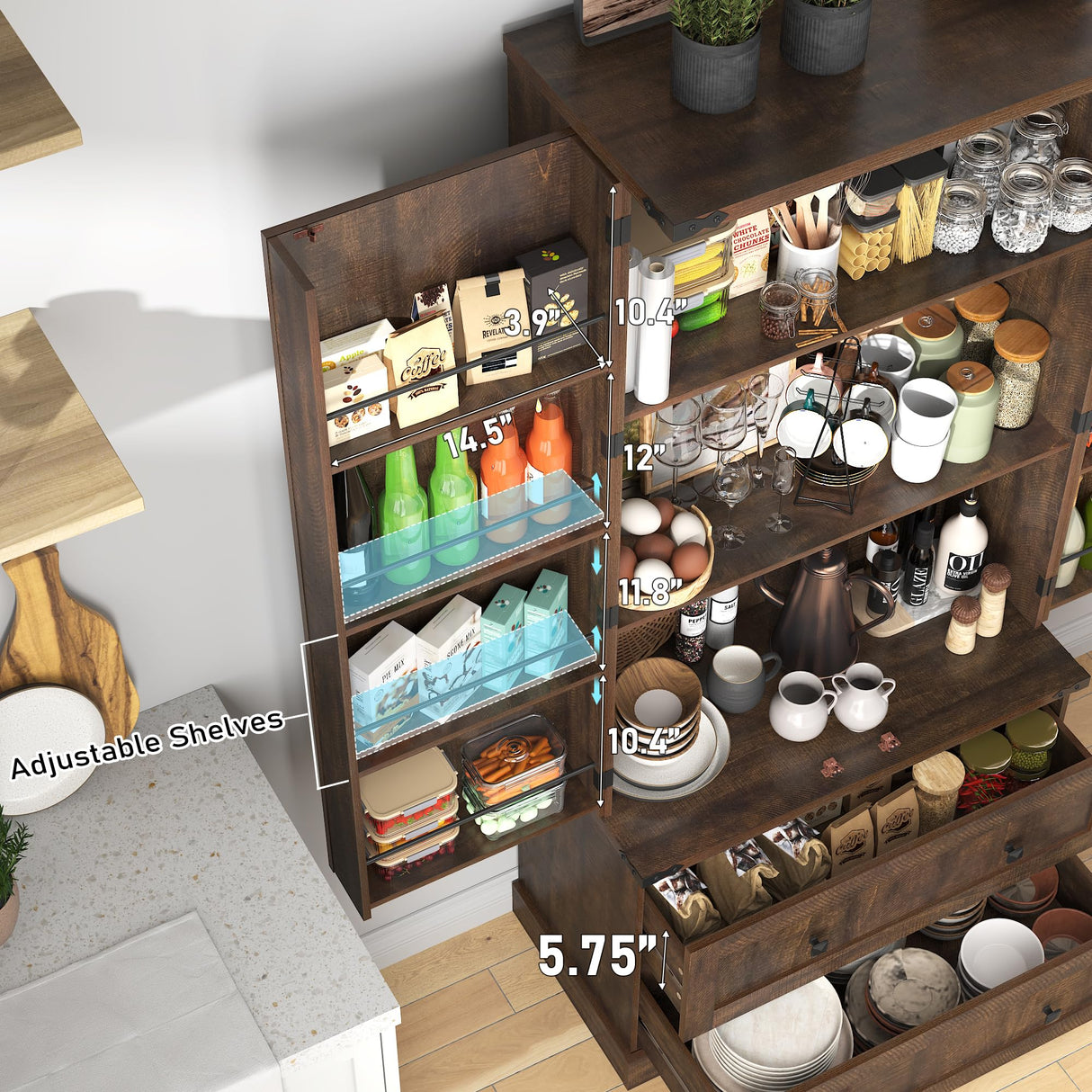 Hlivelood Farmhouse Kitchen Pantry Cabinet, 71" Tall Storage Cabinet with 2 Barn Doors & 2 Drawers, Large Farmhouse Kitchen Cupboard with Adjustable Shelves, Dining Room, Living Room, Rustic Brown Hlivelood