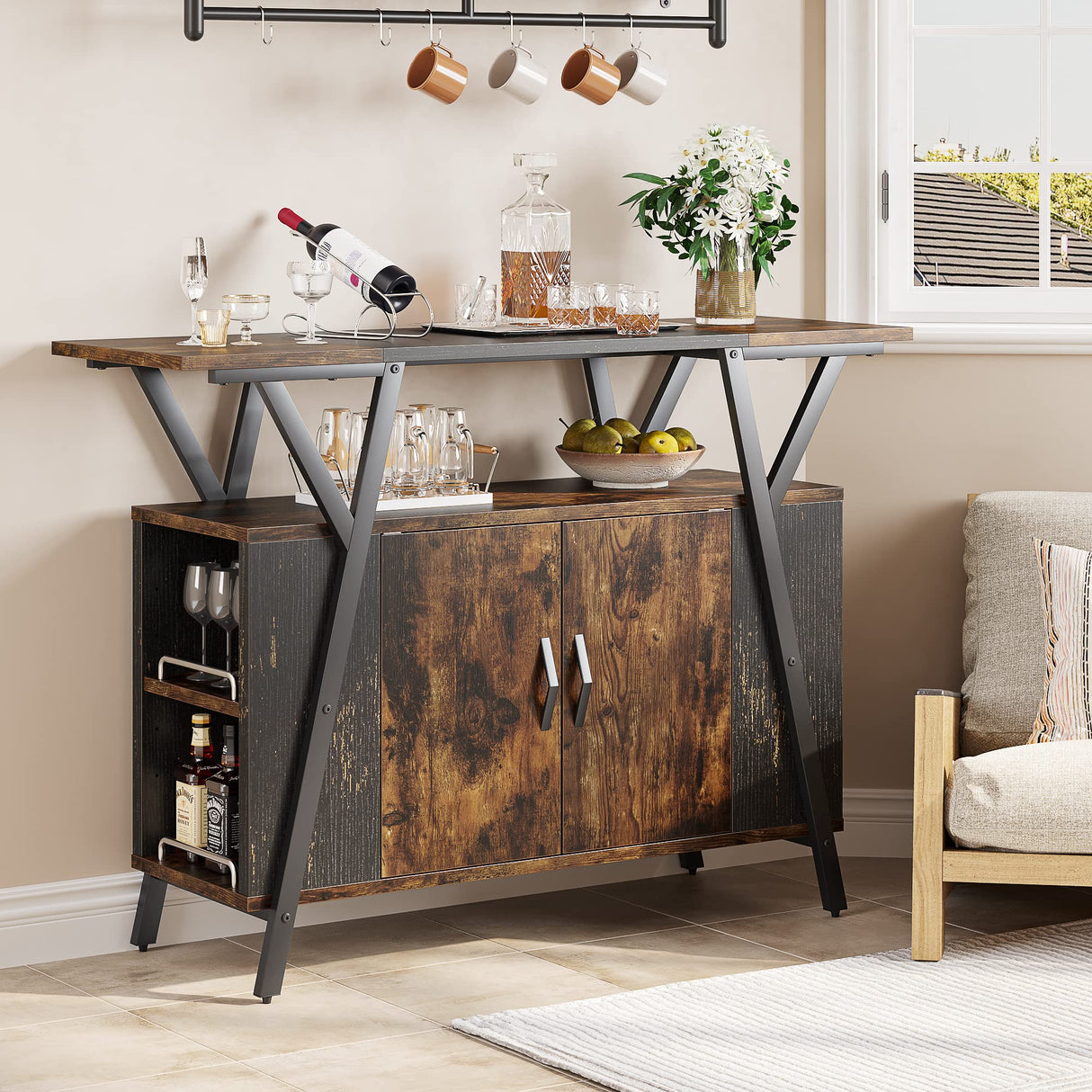 Rustic Brown Bestier Buffet Cabinet with Adjustable Shelves for Kitchen, Dining Room, and Living Room Bestier