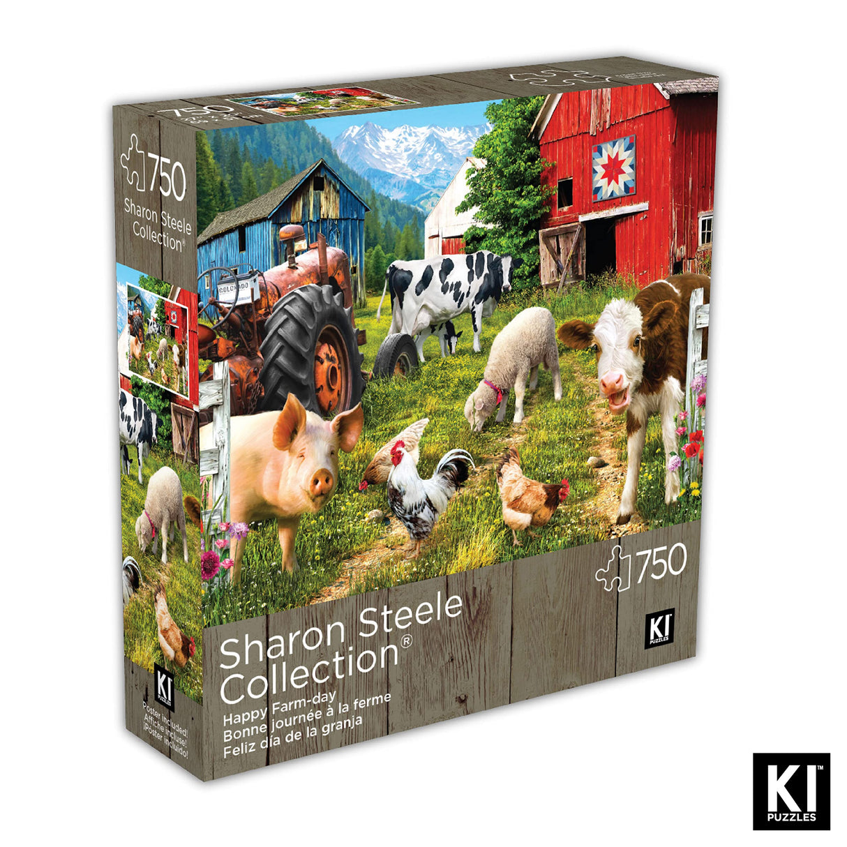 750 Piece Puzzle for Adults Sharon Steele Happy Farm Day, 27x20 inch Whimsical Farm Animal Scene Jigsaw by KI Puzzles KI Puzzles