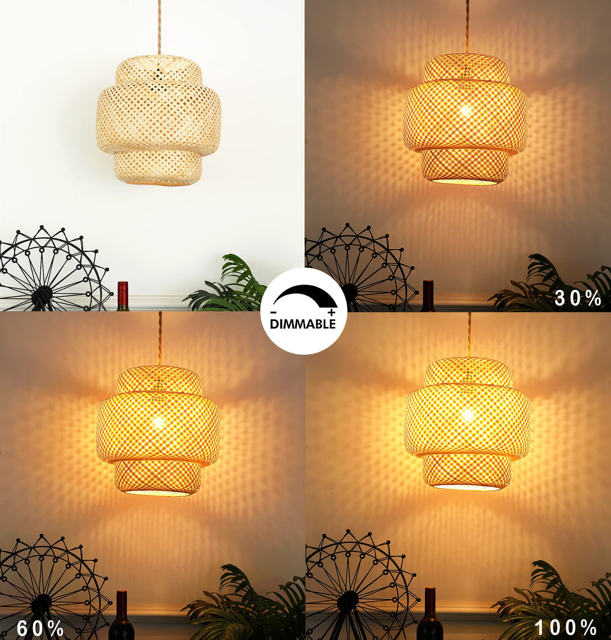Plug in Pendant Light Rattan Hanging Lights with Plug in Cord Bamboo Hanging Lamp Dimmable,Handmade Woven Boho Wicker Basket Lamp Shade,Plug in Ceiling Light Fixture for Living Room Bedroom Kitchen QIYIZM