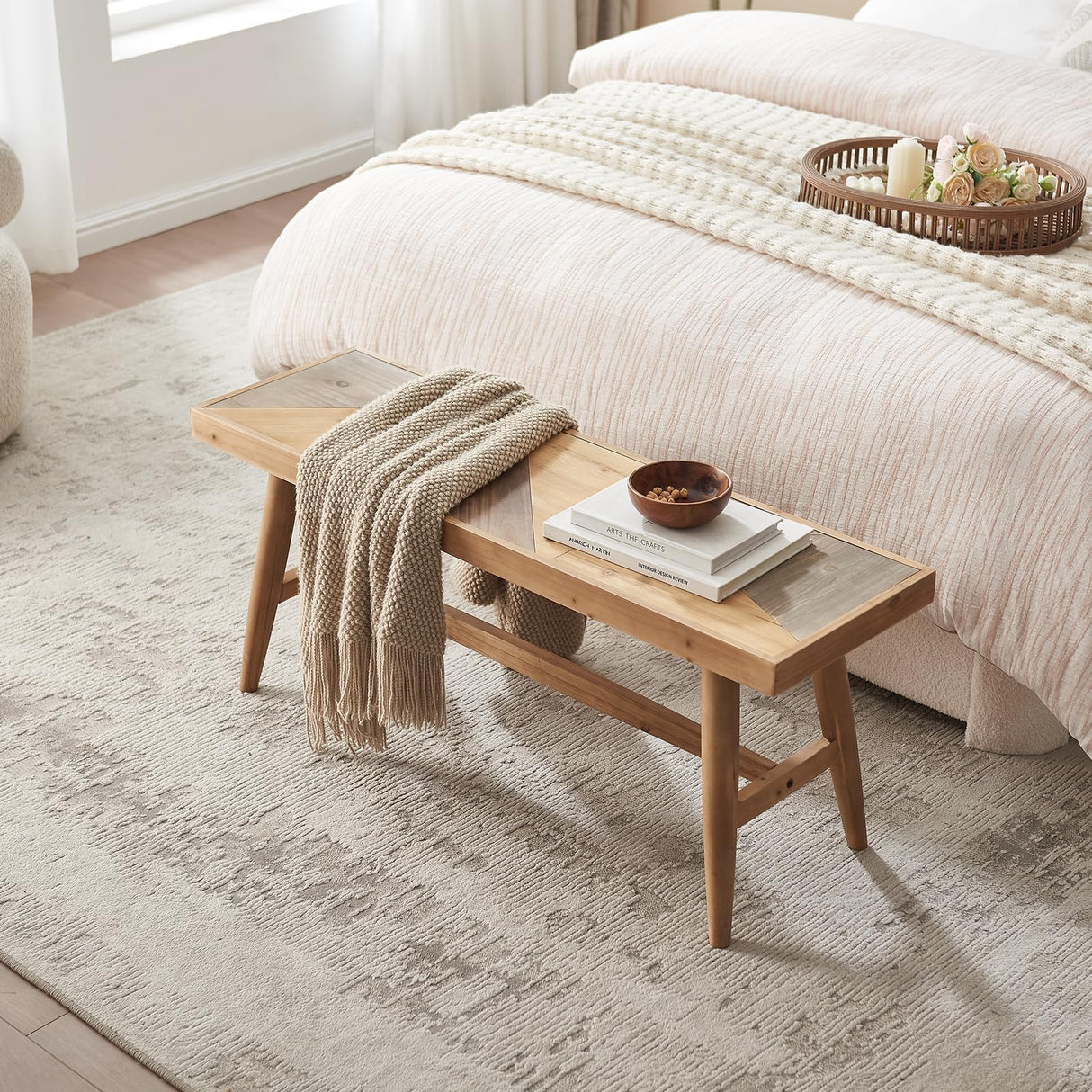 Wnutrees 43" Farmhouse Wood Bench,Solid Wood Entryway Bench for Indoor,Rustic Wood Bench for end of Bed, Handcrafted Finish, Natural Wnutrees