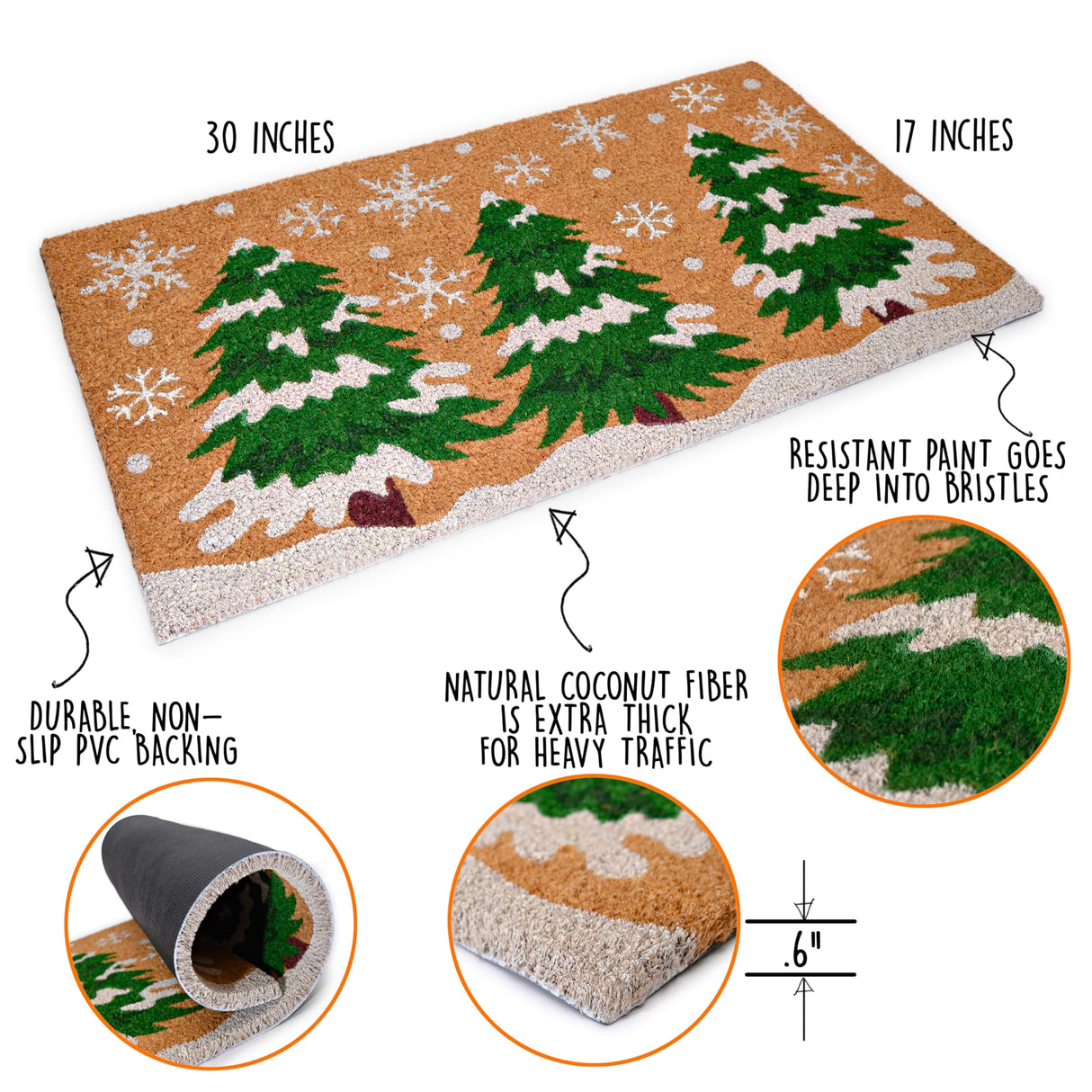Christmas Tree Door Mat 30x17 Inch, Winter Holiday Welcome Mat for Covered Outdoor Area, Coir Doormat w/Non-Slip PVC Backing MAINEVENT