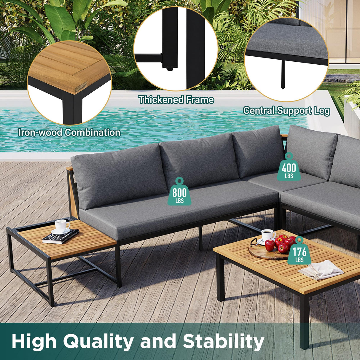 Merax Patio Furniture Set with Coffee Table & Loveseats, 4 Pieces Iron-Wood Design Outdoor Sectional Sofa, L-Shaped Conversation Set with Waterproof Cushions for Garden, Backyard, Poolside, Gray Merax