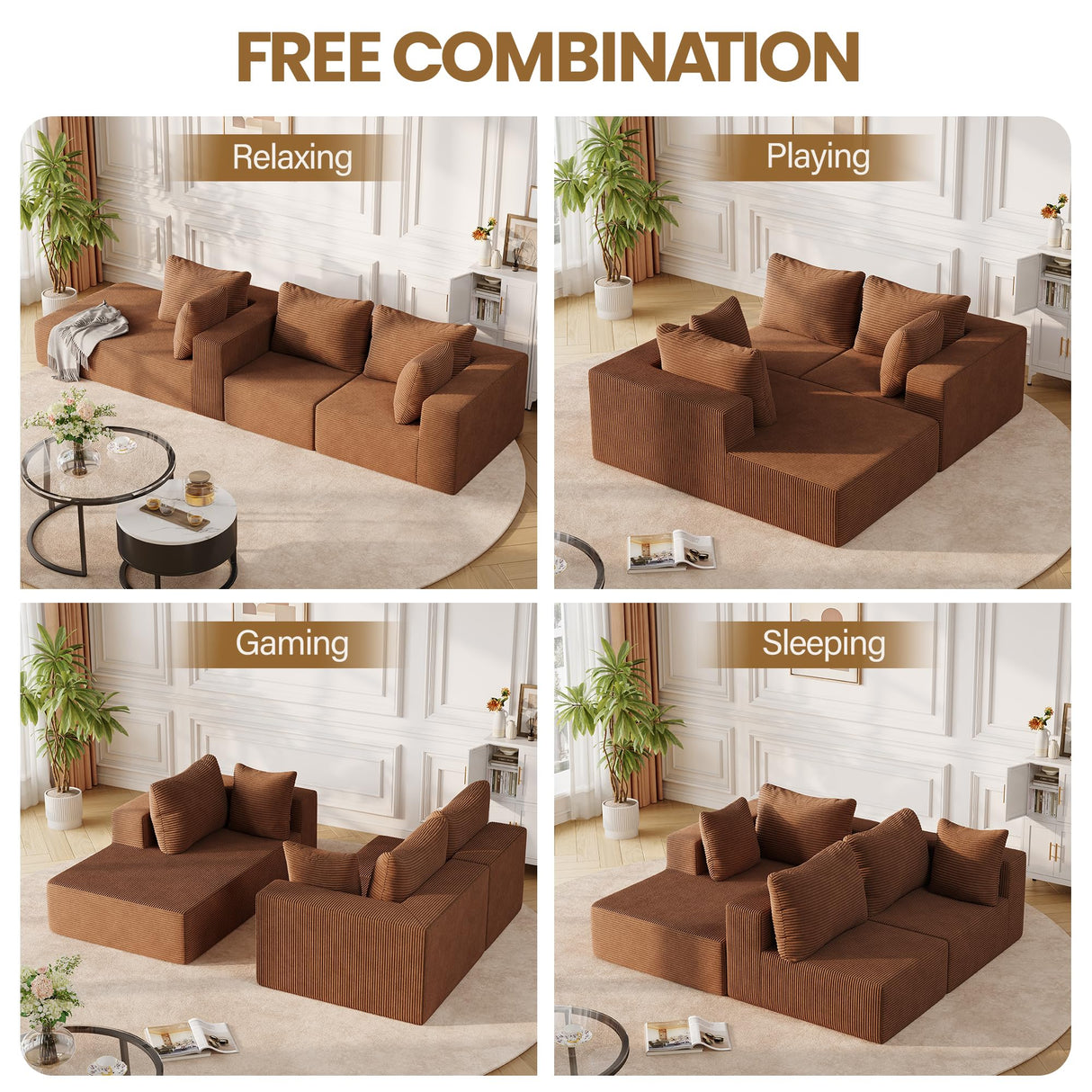 108" Modular Sectional Sofa with Oversized Chaise & Deep Seat, Comfortable High-Density Memory Foam Boneless Cloud Couch, No Assembly Required Sectional Couches for Living Room, Bedroom (Brown) Sesslife
