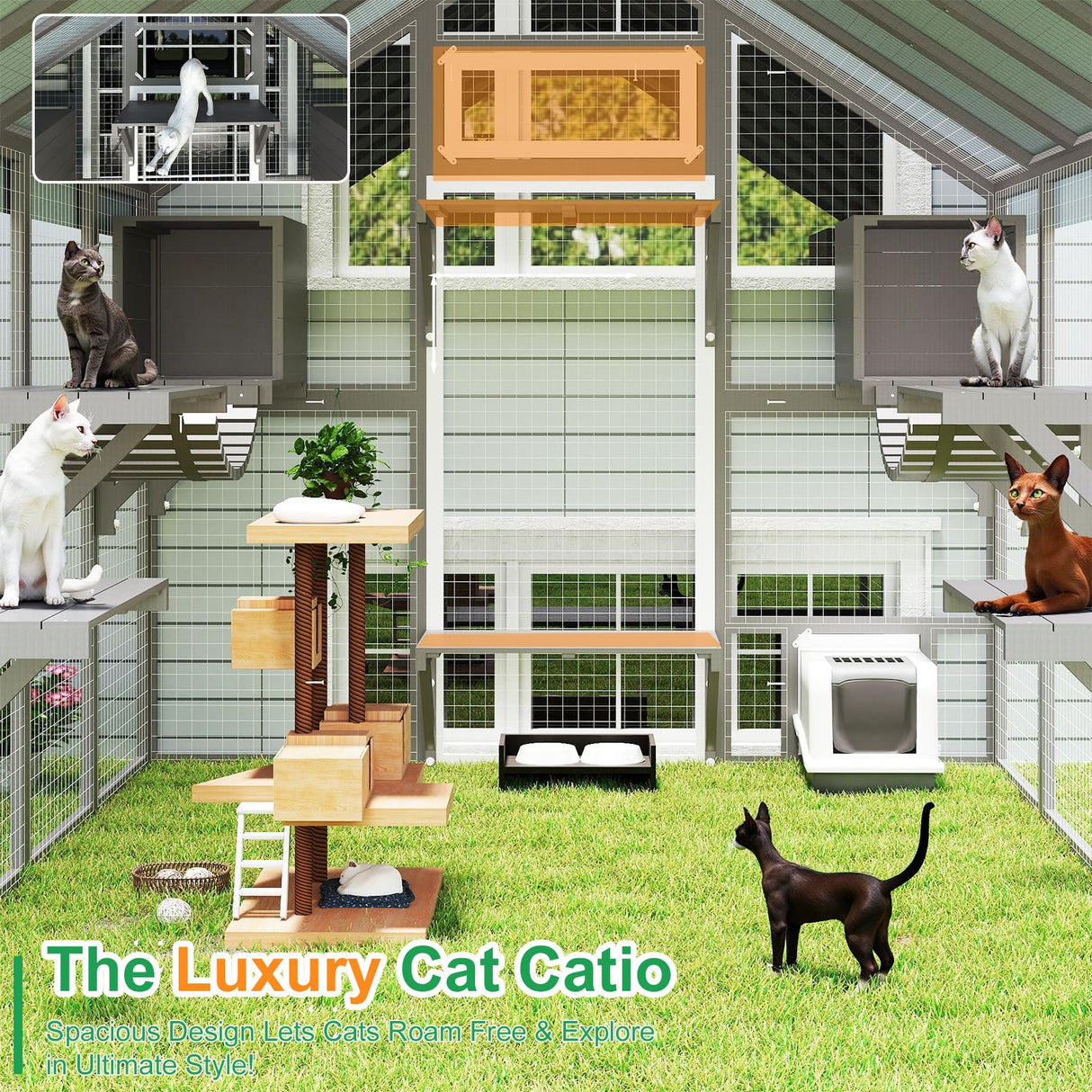 Extra Large Catio Outdoor Cat Enclosure Waterproof, Walk-in Outdoor Pet House for Multiple Cats, Catio Cat Run Cage with Bridges, Weatherproof Full Cover, 8 Platforms, 2 Resting Box Magazoopet