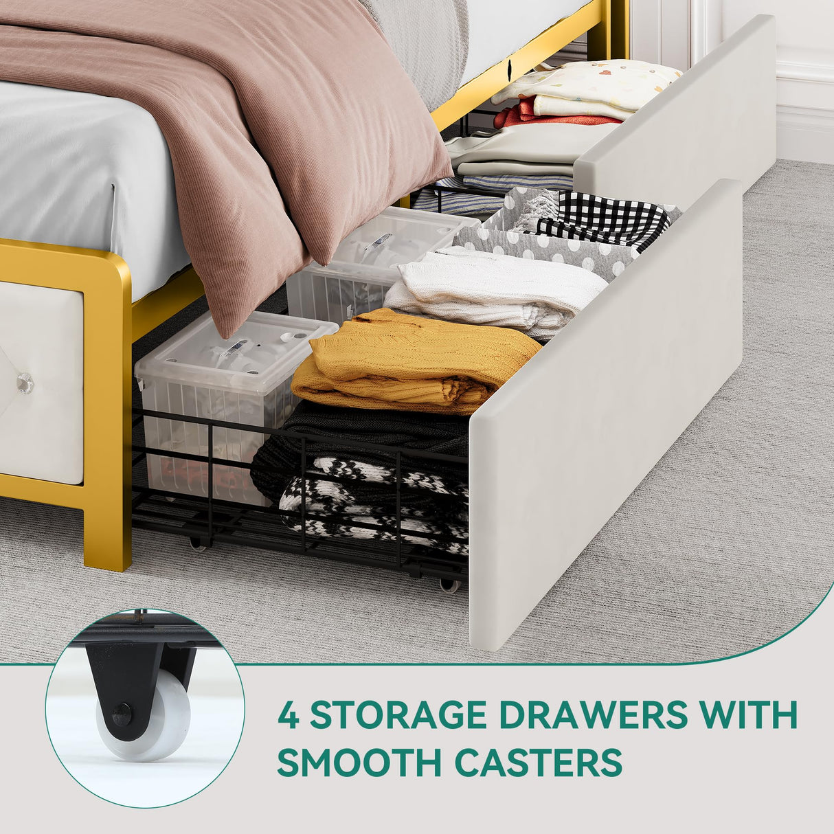 YITAHOME White Upholstered Queen Bed Frame with LED Lights, 4 Storage Drawers, and Charging Station YITAHOME