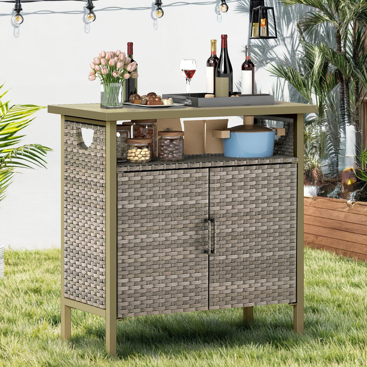 DWVO Patio Storage Cabinet, Outdoor Buffet Cabinet with Two Doors and Shelves, Outdoor Storage Table with PE Rattan for Patio, Backyard, Garden - Light Brown DWVO