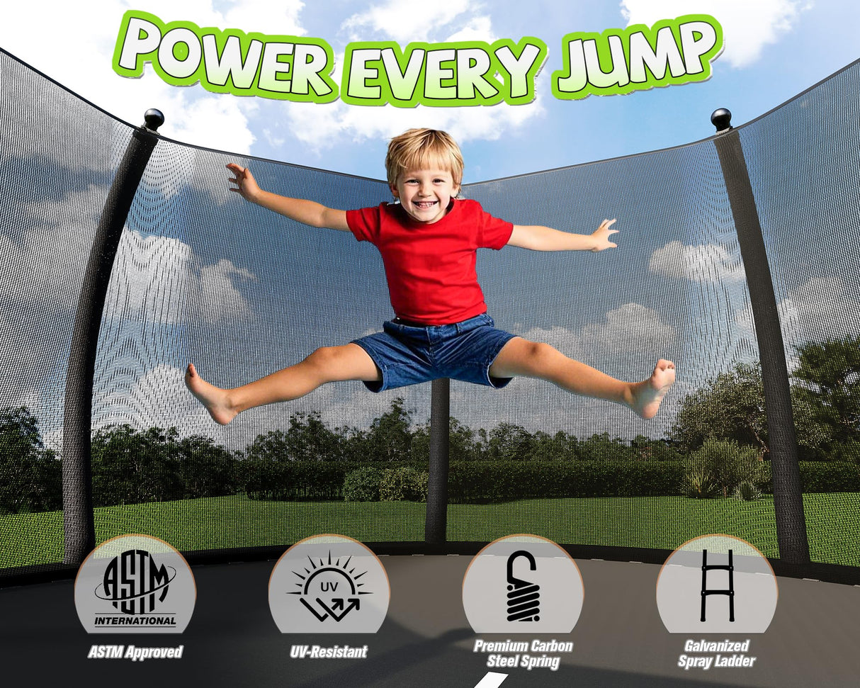 YUMPIE 8FT 10FT 12FT 14FT 16FT Outdoor Trampoline with Enclosure Net and Ladder, Recreational Trampolines for Kids, Pop-up Quick Connect Frame, ASTM Approval YUMPIE