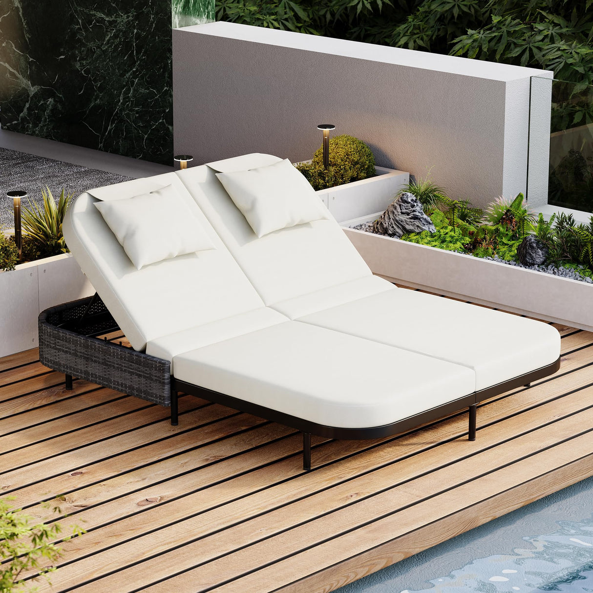 Merax Outdoor Daybed,Patio Rattan Daybed with Adjustable Backrest,Patio Wicker Loveseat Lounger,Outdoor Bed Loveseat Sofa Set with Pillows and Cushions for Garden, Backyard, Poolside,Black+Beige Merax
