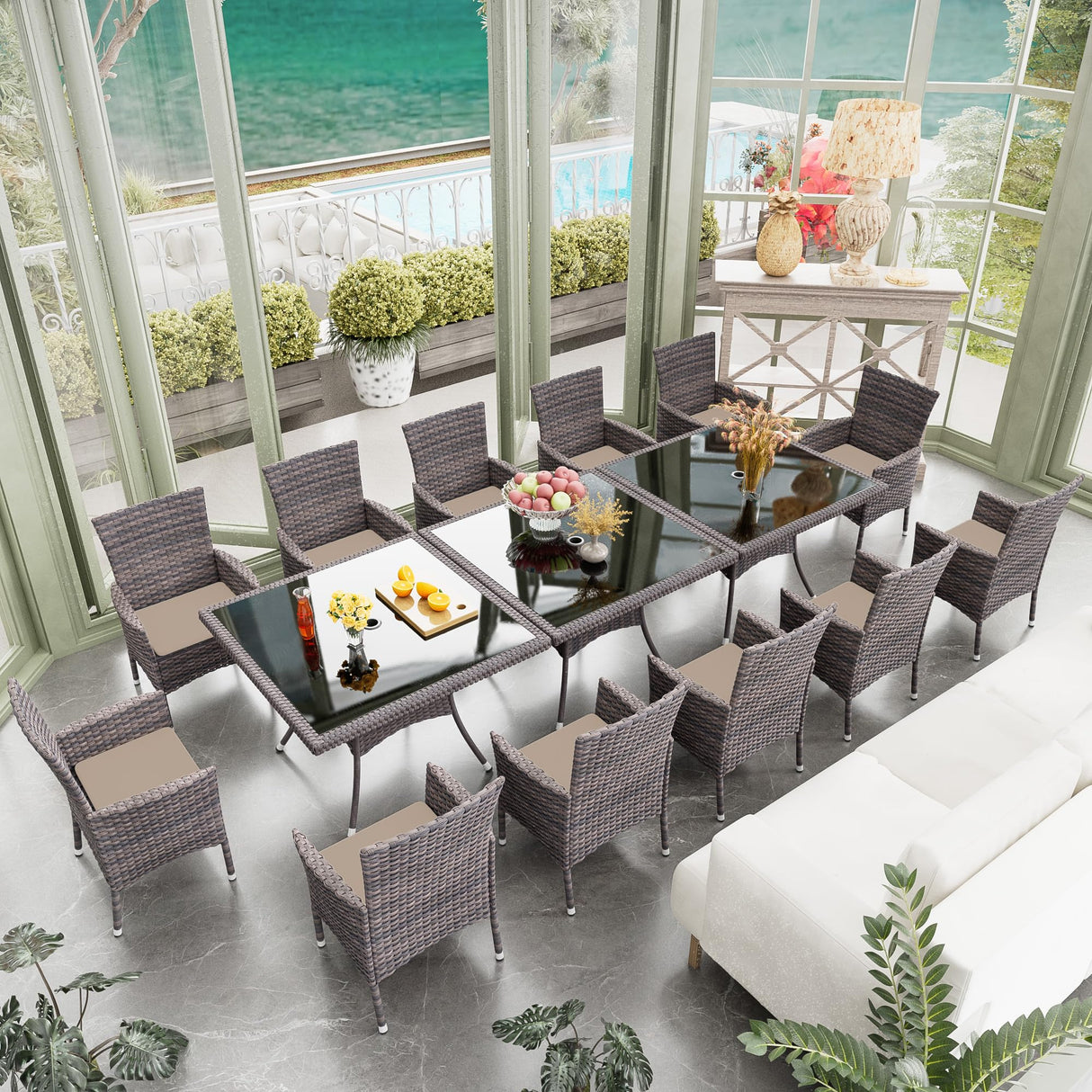 RTDTD 15 Pieces Patio Dining Set Outdoor Rattan Furniture Dinning Set with 3 Square Glass Tabletops 12 Chairs with Brown Cushions for Patio, Backyard Outdoor Kitchen Lawn & Garden RTDTD