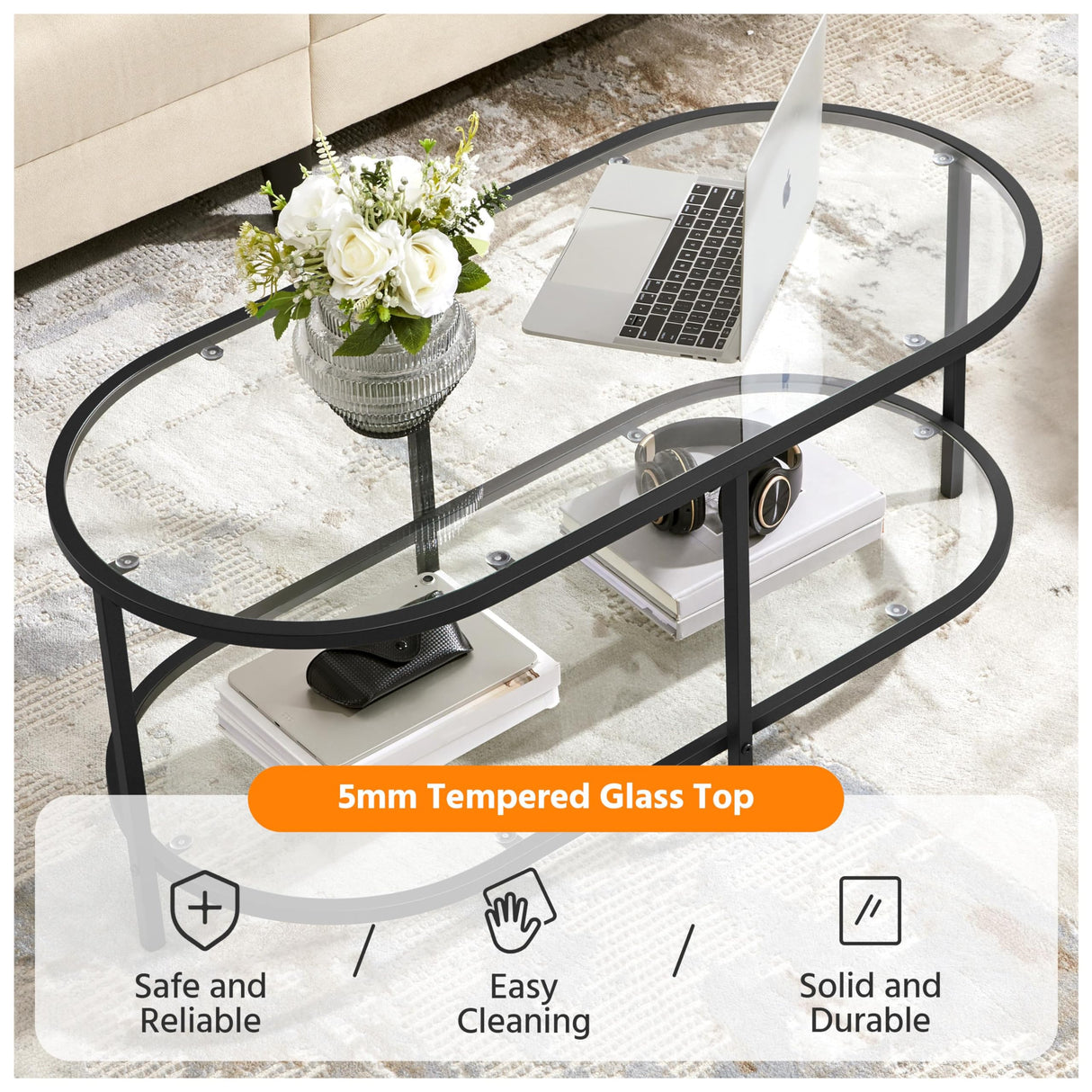 Yaheetech Glass Coffee Table, Black Small Center Table with Storage Shelf for Living Room Small Space, Apartment Yaheetech