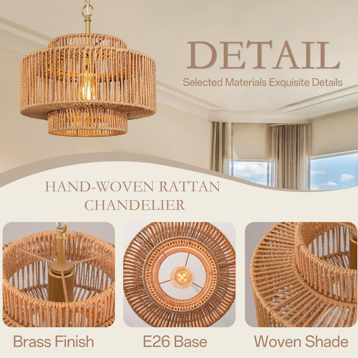 Bagood 12.4" Rattan Chandelier 1 Light Woven Rattan Pendant Light Boho Wicker Pendant Lighting Fixture Farmhouse Chandelier Light Fixture 3-Tier Drum Wicker Rattan Golden Chandelier for Dining Room Bagood