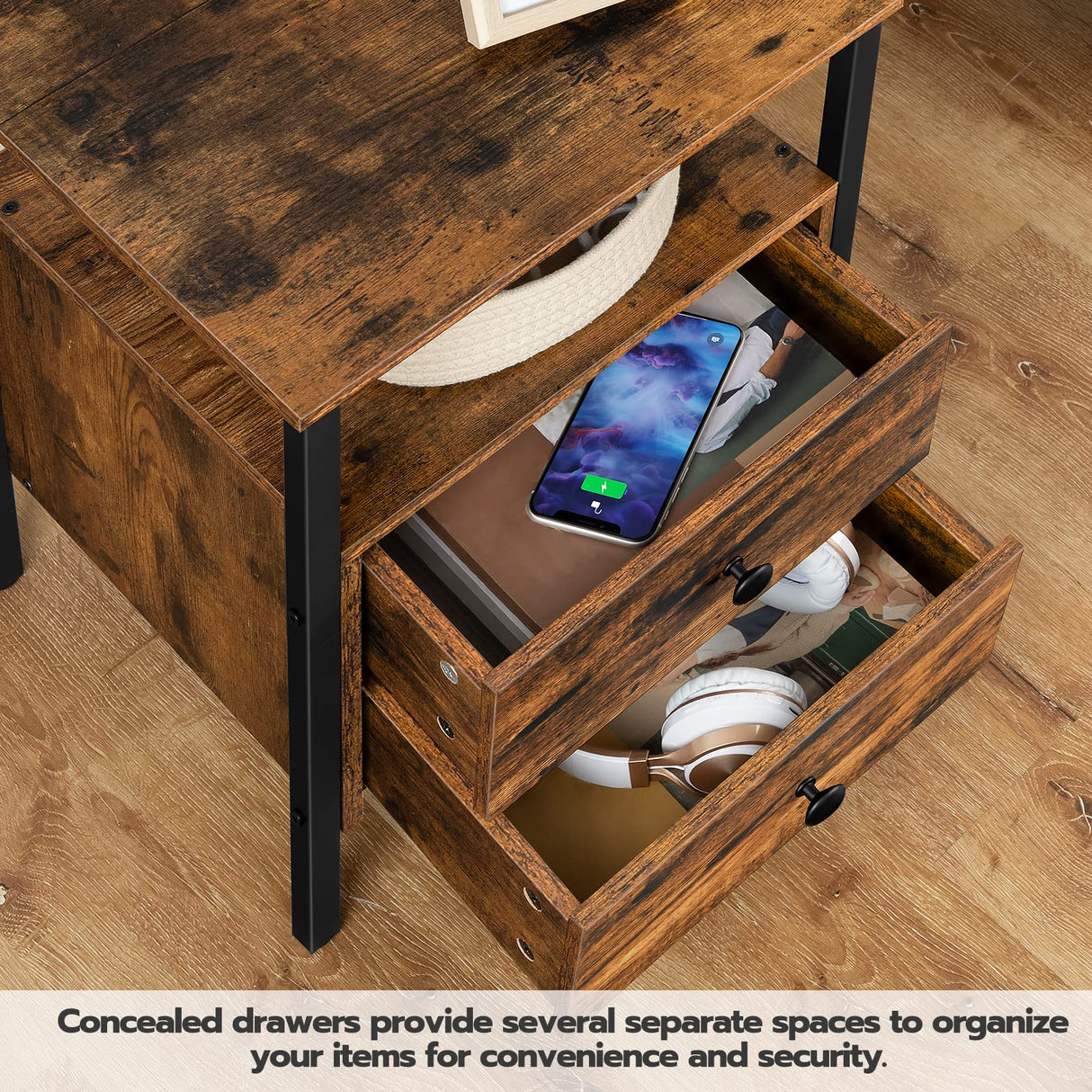 HOOBRO End Table with Charging Station and USB Ports, Side Table with Drawers and Storage Shelf, Set of 2, Bedside Table for Small Spaces, Living Room, Rustic Brown BF431BZP201 HOOBRO