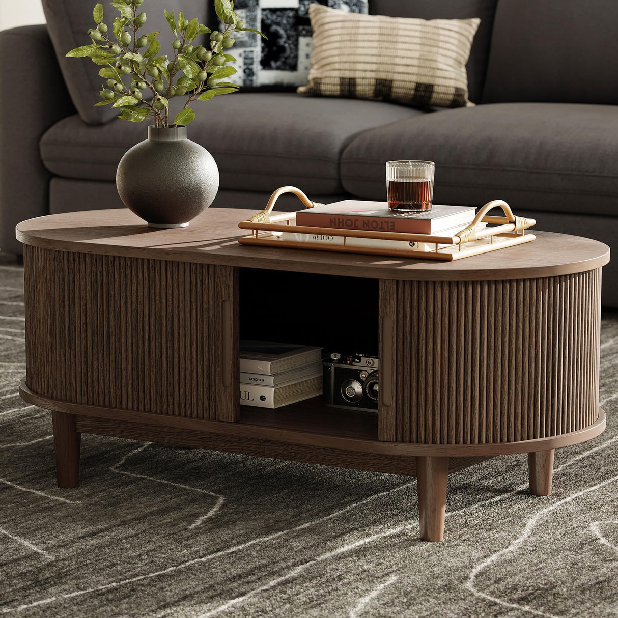 LINSY HOME Oval Coffee Table, Wood Coffee Table with Storage, Fluted Accent Center Table with Sliding Tambour Door, 39" Mid Century Modern Coffee Tables for Living Room, Bedroom, Apartment, Walnut LINSY HOME