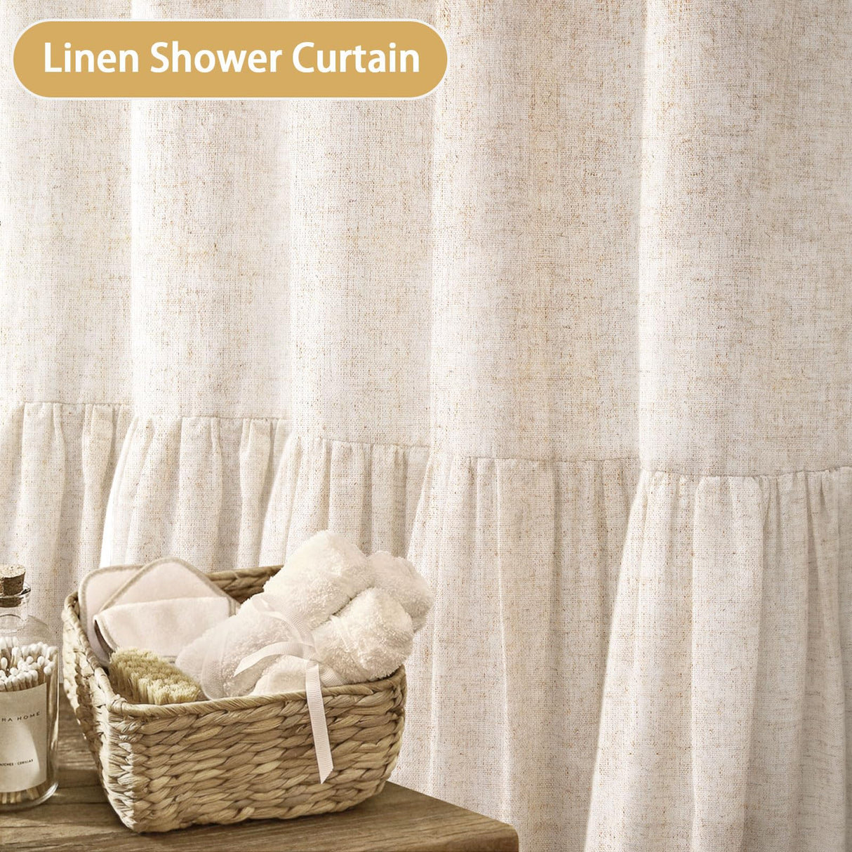 Awellife Linen Farmhouse Shower Curtain with A Ruffle Shower Curtain for Bathroom, Beige Natural 72"x72" 12 Hooks Awellife