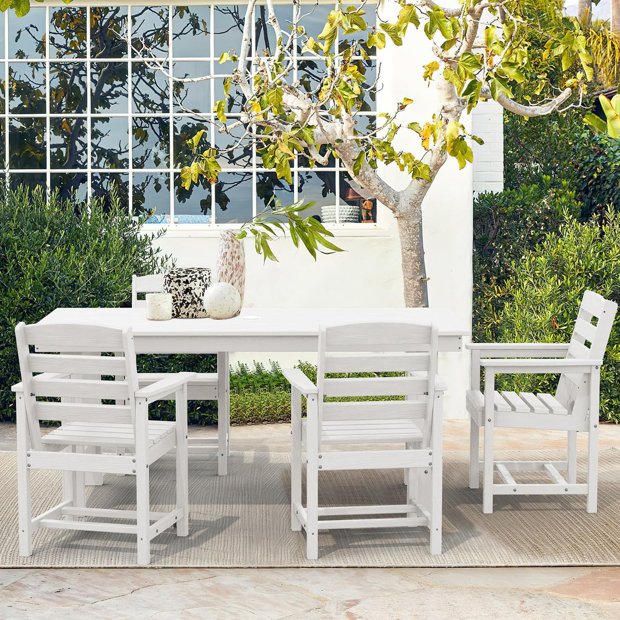 SERWALL Patio Table Set, Outdoor HDPE Dining Set with Umbrella Hole, 5-Piece - Table and 4 Chairs, All Weather for Lawn, Garden, Poolside, White SERWALL