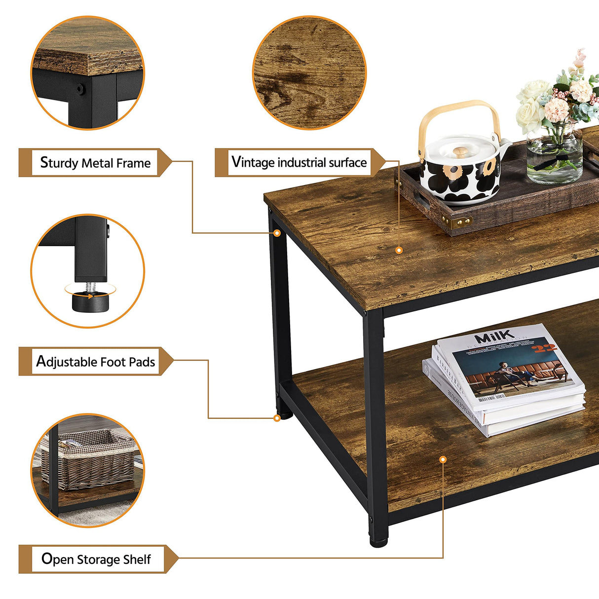 Yaheetech 2-Tier Coffee Table, Industrial Wood Coffee Table with Storage Shelf for Living Room, Rectangle Side End Table with Metal Frame, Rustic Brown Yaheetech