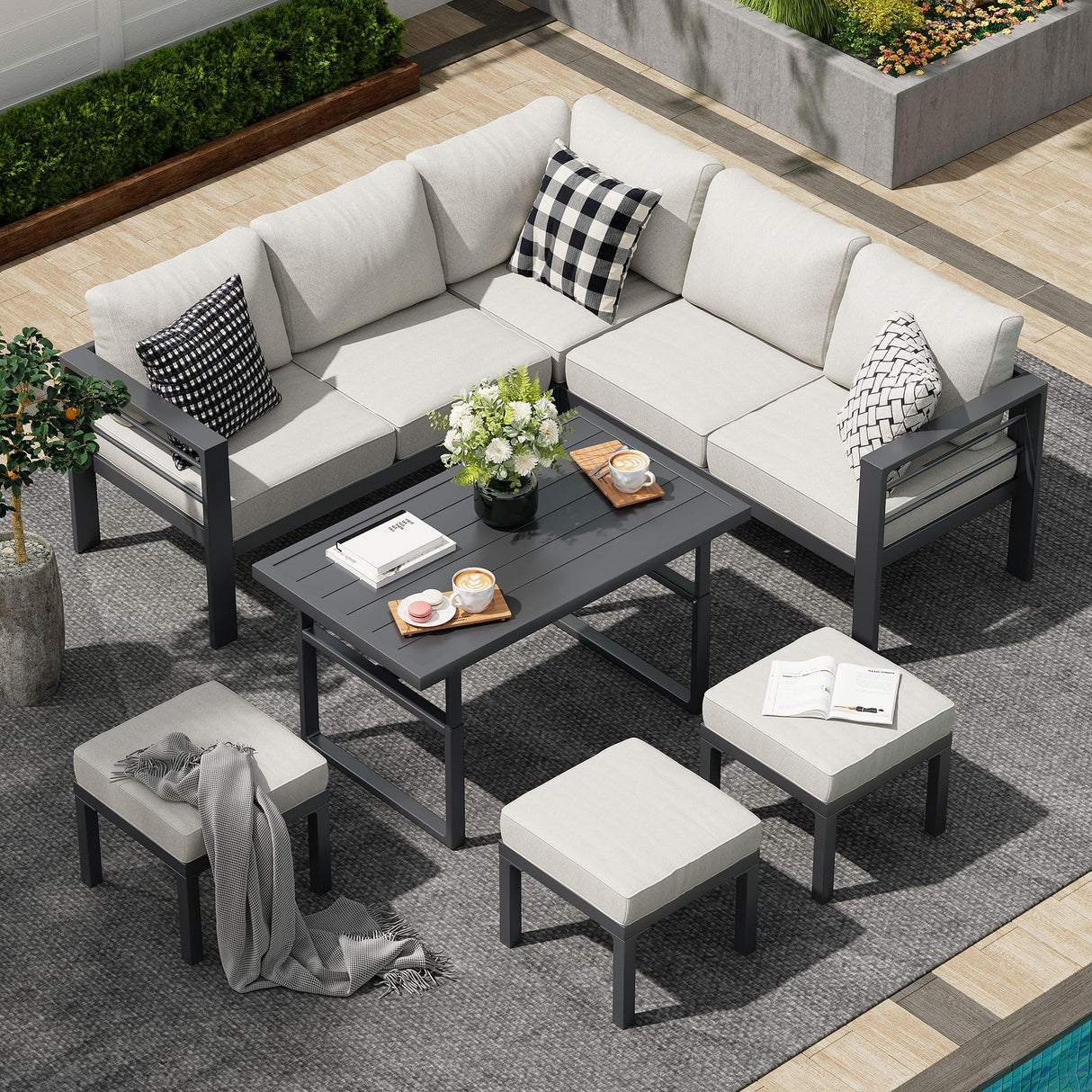 AECOJOY Aluminum Patio Furniture Set, Modern Metal Outdoor Patio Furniture Clearance, Outdoor Conversation Table and Chair Sets for Lawn, Backyard, and Deck with Light Grey Cushions AECOJOY