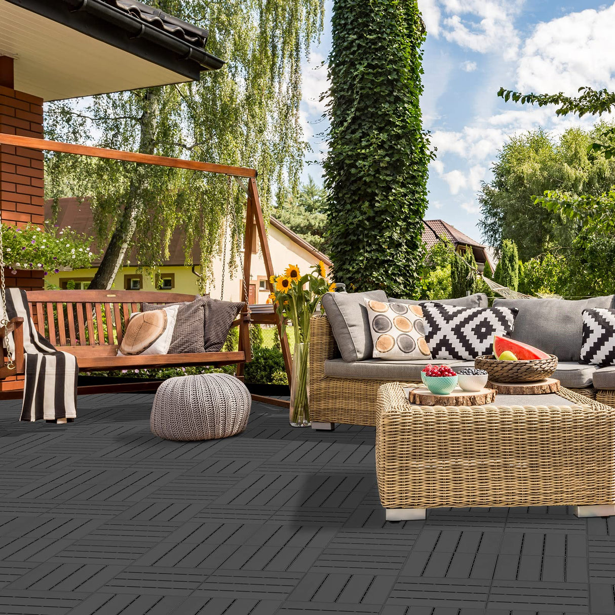 Goovilla Plastic Interlocking Deck Tiles, 36 Pack Patio Deck Tiles, 12"x12" Waterproof Outdoor Flooring All Weather Use, Patio Floor Decking Tiles for Porch Poolside Balcony Backyard, Dark Grey Goovilla