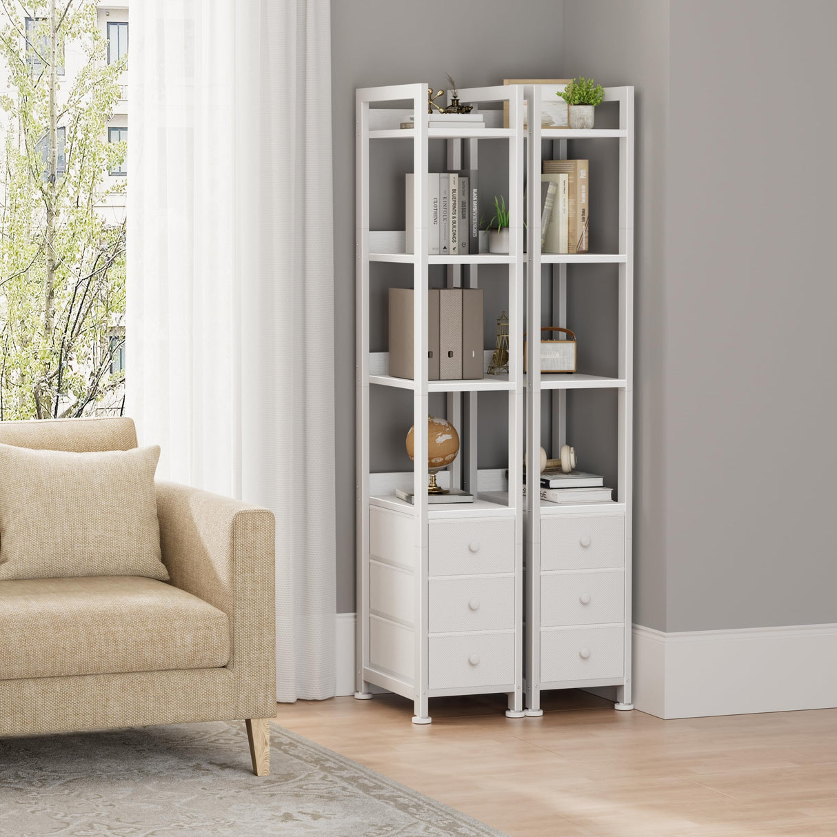 KLUVIS White Narrow Bookshelf with 3 Drawers - 4 Tier Thin Book Shelf for Small Spaces Skinny Shelves Slim Farmhouse Fabric Drawer 60 inch Tall (04W) KLUVIS