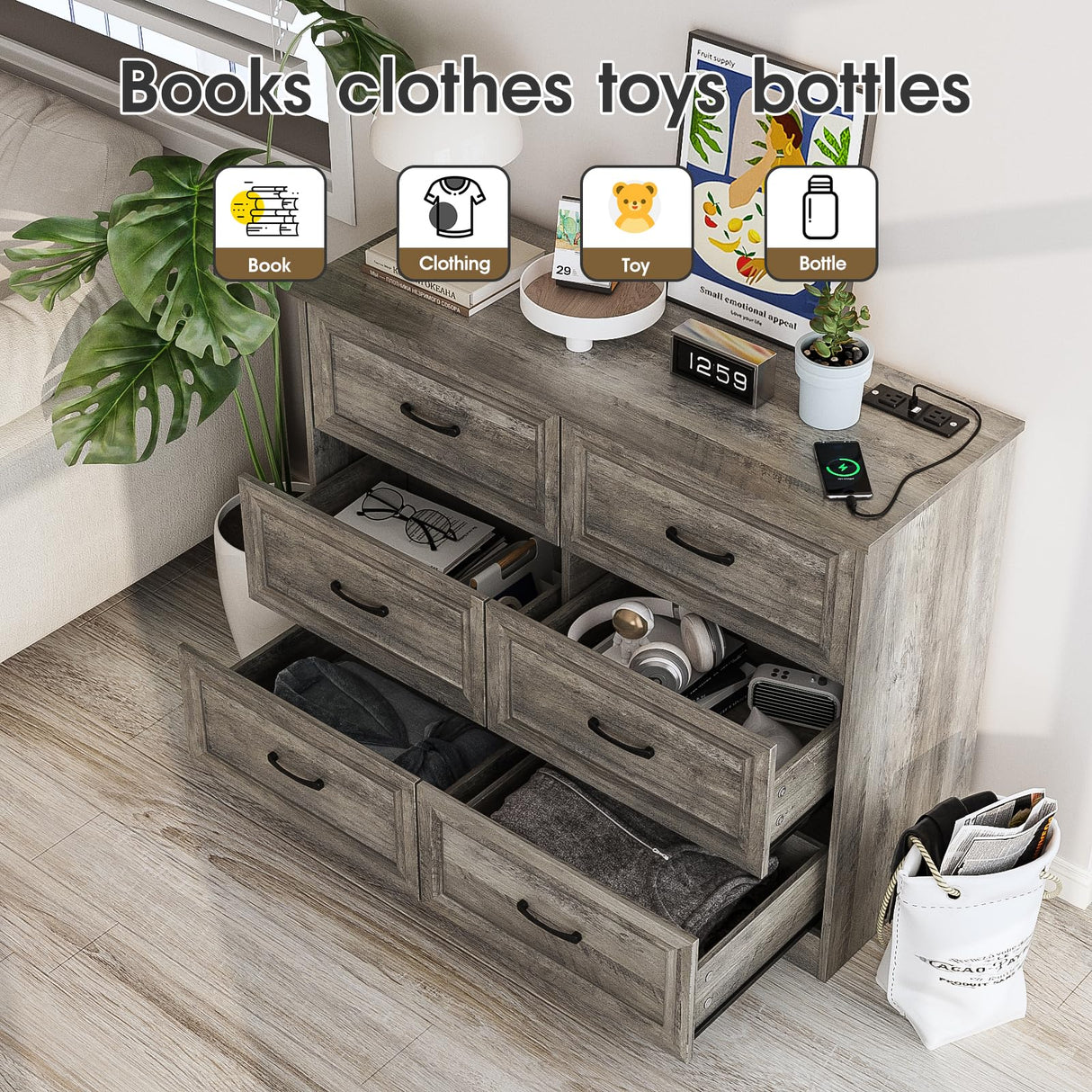 Fameill Dresser for Bedroom, 6 Drawer Wide Dresser Organizer with Charging Station, Tall Dresser for Hallway, Wood Dresser with Metal Handles, Ash Grey Fameill