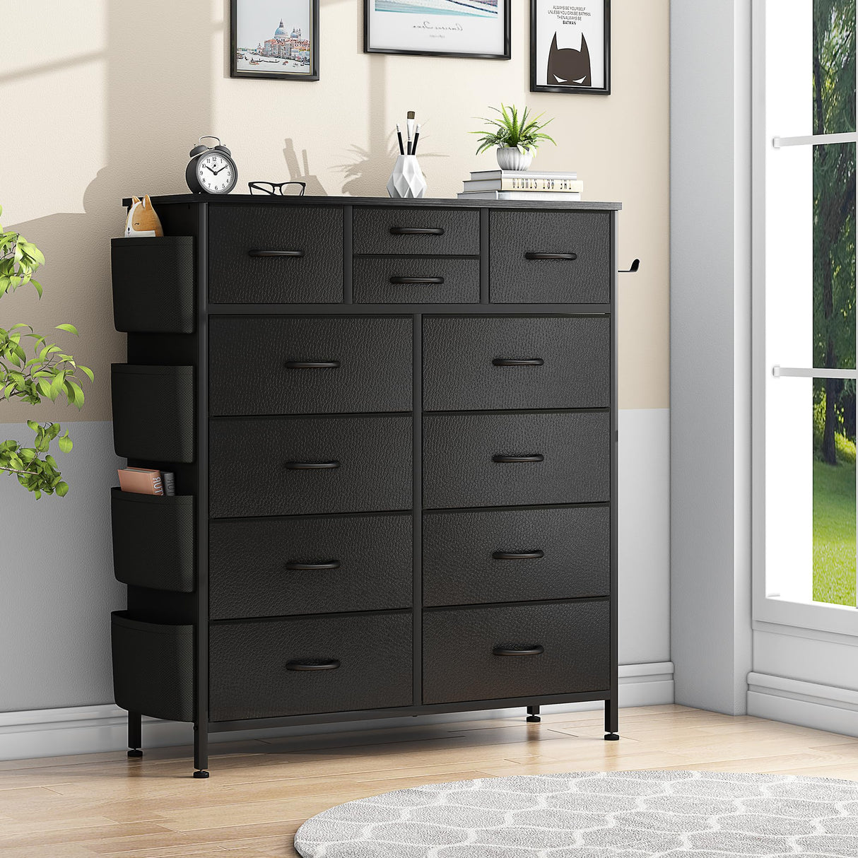 Lulive Dresser for Bedroom with 12 Drawers, Tall Dresser Chest of Drawers with Side Pockets and Hooks, Fabric Dresser Storage Tower for Closet, Hallway, Living Room (Black) Lulive