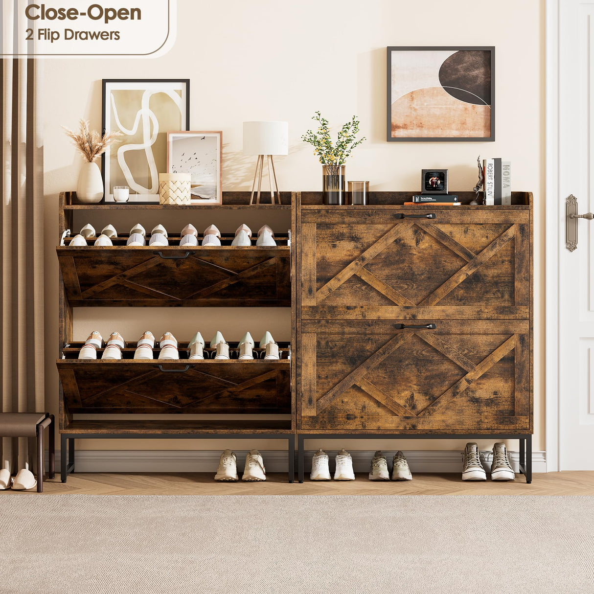 Nicetree Shoe Cabinet Organizer with 2 Flip Drawers, Freestanding Narrow Rack with Metal Legs, Farmhouse Slim Shoe Storage for Entryway, Foyer, Hallway, Rustic Brown Nicetree