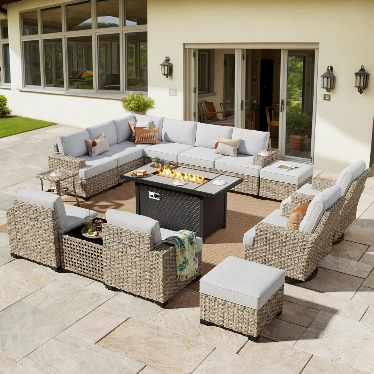 HOOOWOOO Outdoor Sectional Patio Furniture Set with Fire Pit Table,15 Pieces Wicker Conversation Sets L Shaped Couch,Extra Deep Out Door Sofa Outside Furniture with Swivel Chairs Ottomans,Light Gray HOOOWOOO