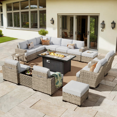 HOOOWOOO Outdoor Sectional Patio Furniture Set with Fire Pit Table,15 Pieces Wicker Conversation Sets L Shaped Couch,Extra Deep Out Door Sofa Outside Furniture with Swivel Chairs Ottomans,Light Gray