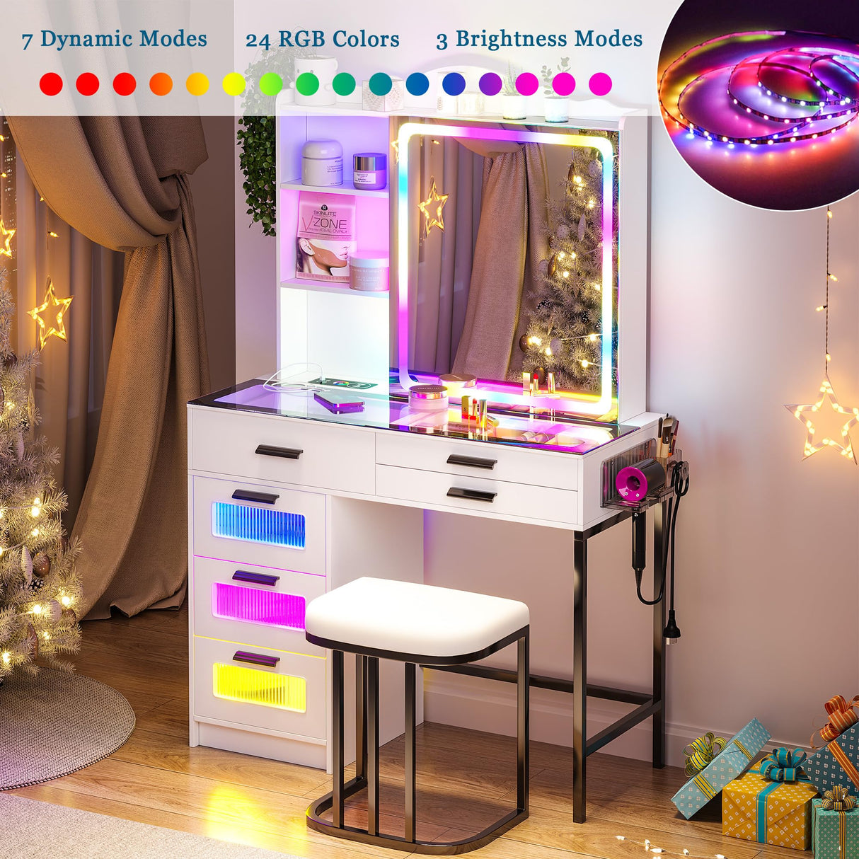 WOOVIVS RGB Vanity Desk with Sliding Mirror and Lights, LED Makeup Vanity with Charging Station/Motion Sensor Light, Glass Top Vanities Dressing Table Set with Jewelry Box,6 Drawers,Stool (White) WOOVIVS