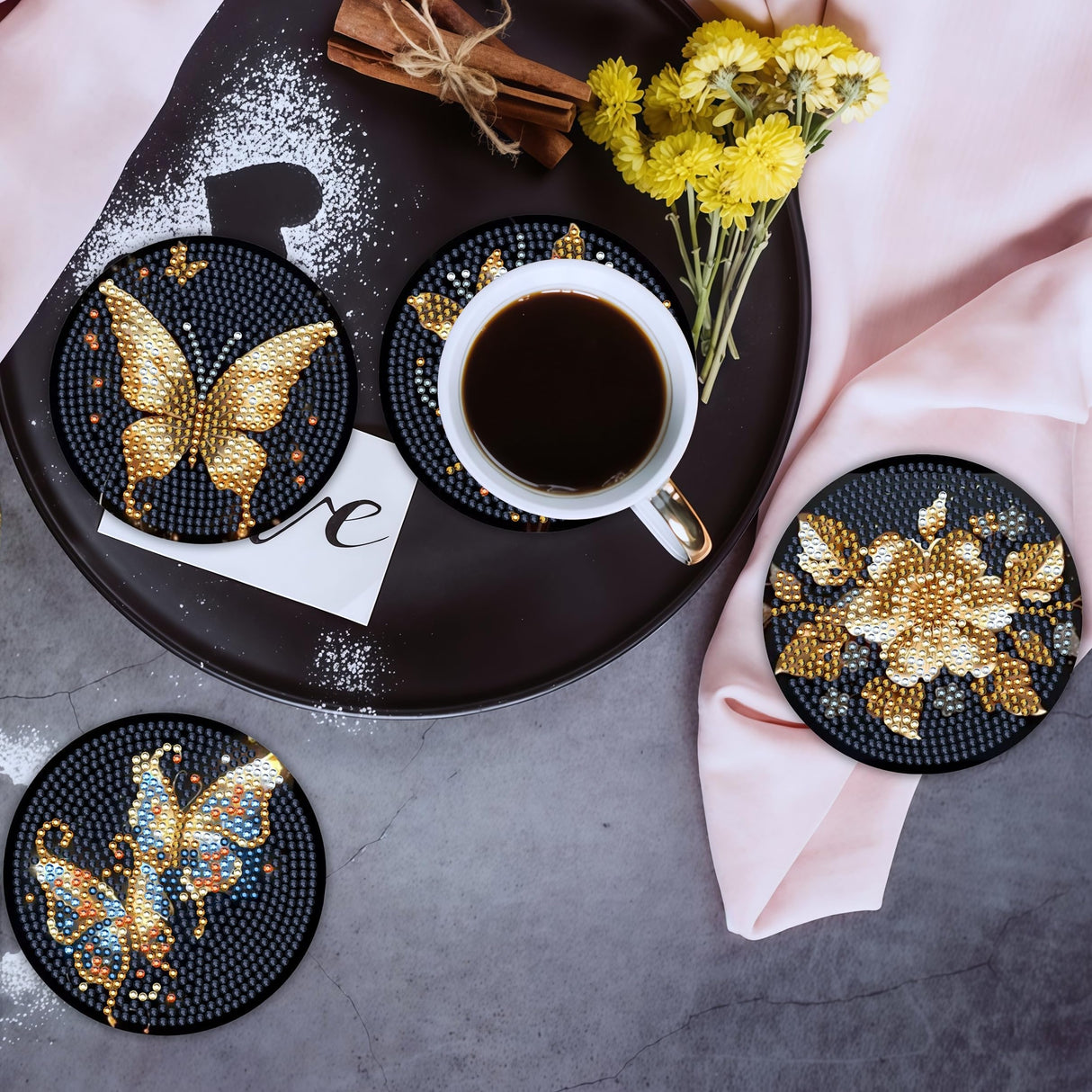 8 Pcs Butterfly Diamond Painting Coasters Kits with Holder,Diamond Art Coasters Set for Drinks Coffee Table, Gem Painting kit for Beginners Adults DIY Art Craft Gifts Black Gold Decors (Butterfly) Bulerrylulu