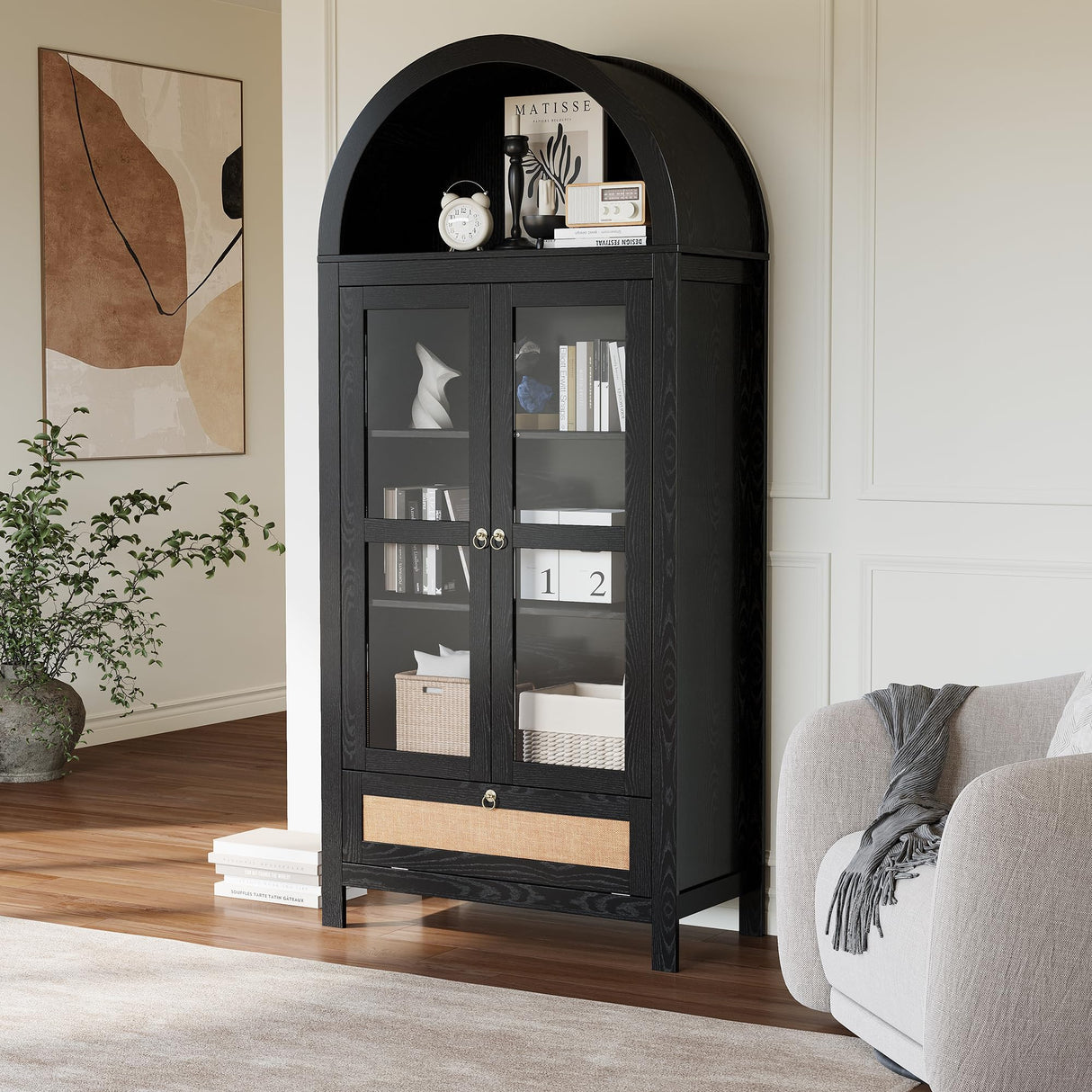 CHYMSUN 71” Tall Arched Kitchen Pantry Cabinet, Modern Farmhouse Hutch Storage Cabinets with Large Drawer and Glass Doors for Kitchen, Dining Room, Living Room, Black CHYMSUN