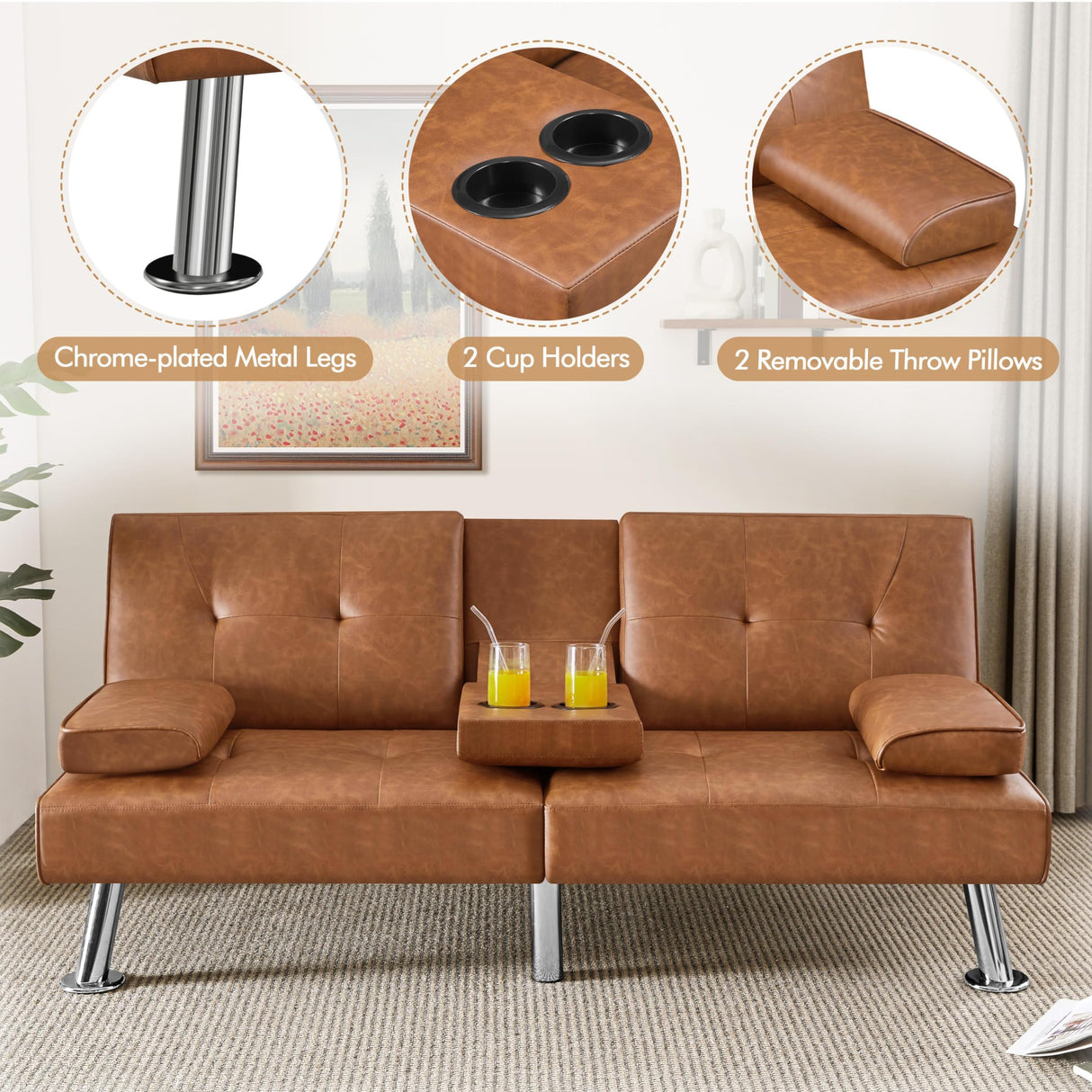 Yaheetech Convertible Sofa Bed Adjustable Couch Sleeper Modern Faux Leather Home Recliner Reversible Loveseat Folding Daybed Guest Bed, Removable Armrests, Cup Holders, 3 Angles, 772lb Capacity, Brown Yaheetech