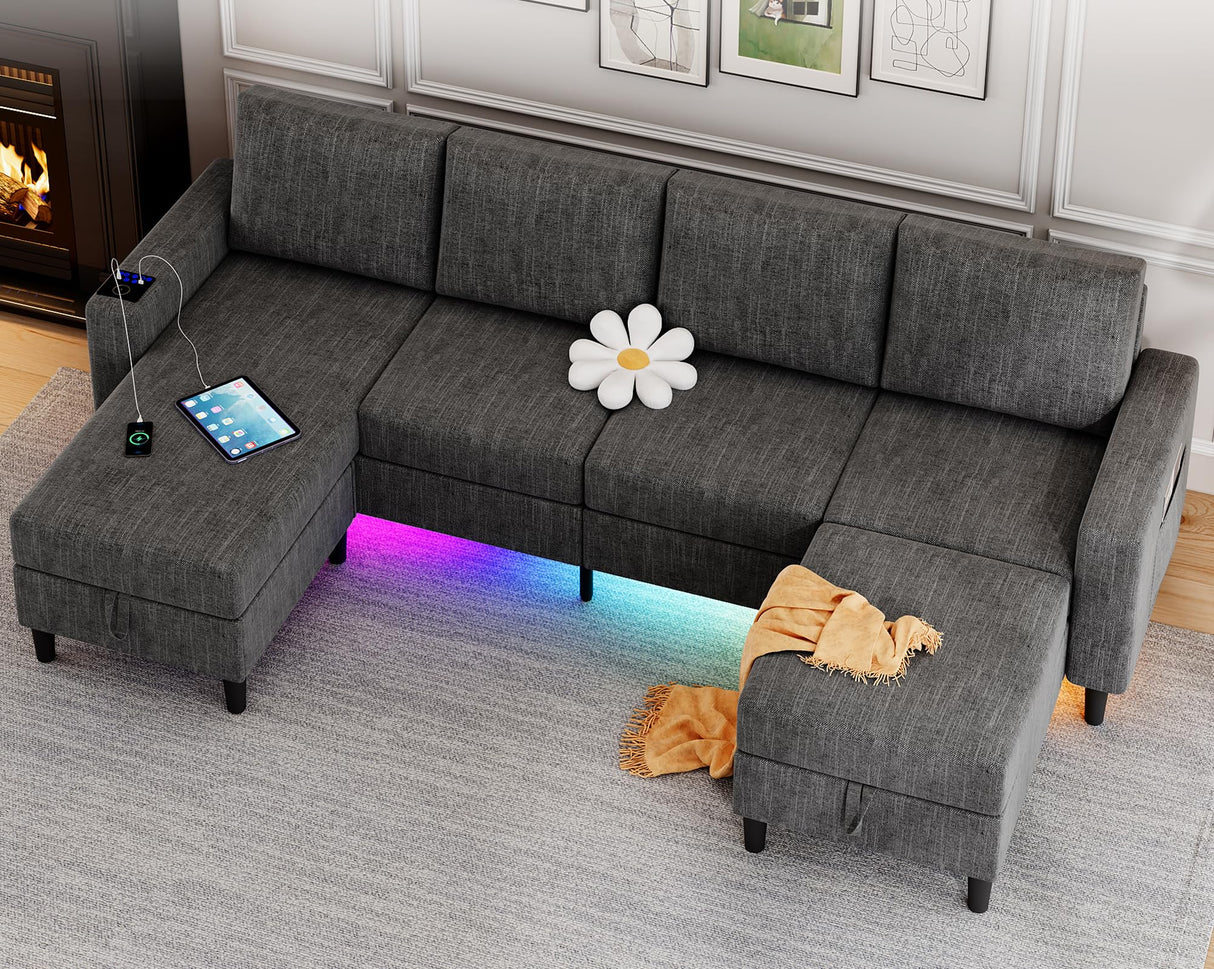 HYZQ Sectional Couches for Living Room, 4 Seat Linen Sectional Sofa with Reversible Chaise Lounge/Storage Ottoman, U Shaped Couch with Smart Module-Wireless Charging/USB/Type-C/RGB Light (Dark Grey) HYZQ
