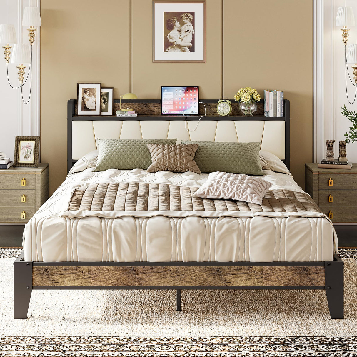 LIKIMIO Queen Bed Frame, Storage Headboard with Charging Station, Solid and Stable, Noise Free, No Box Spring Needed, Easy Assembly (Walnut and Beige) LIKIMIO