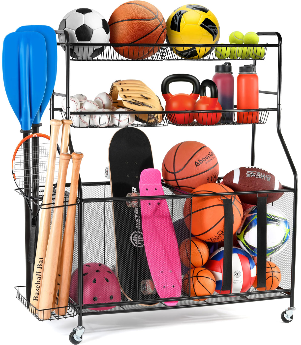 HOME IT Garage Sports Equipment Organizer - Garage Ball Storage Rack Organizer Holder with Baskets, Rolling Wheels & Breaks - Large Capacity Heavy Duty Steel Ball Storage Cart HOME IT