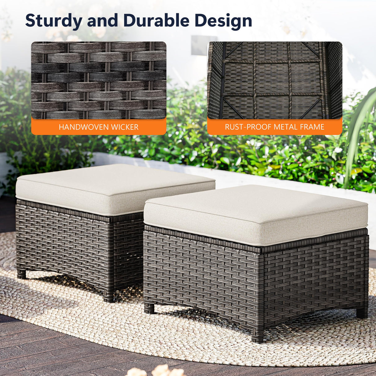 MaxMulti 2 Pieces Patio Ottomans, Outdoor Wicker Footrest Seat with Removable Cushions, Multipurpose Patio Furniture for Outdoor, Backyard and Deck Use (Beige) MaxMulti